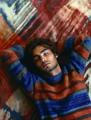 This photograph features a relaxed young Middle Eastern man on a colorful, patterned rug, arms casually behind his head, wearing a vibrant knitted sweater. His thoughtful expression meets the camera, set against an intricate backdrop in warm earth tones and vivid geometric designs. Soft natural light highlights his features, captured from above with a shallow depth of field, creating a serene, introspective mood. The image is rich with textures, from the ribbed sweater to the bold rug, set with a 50-85mm lens and wide aperture to focus on his subtle expressions against the blurred yet dynamic background.