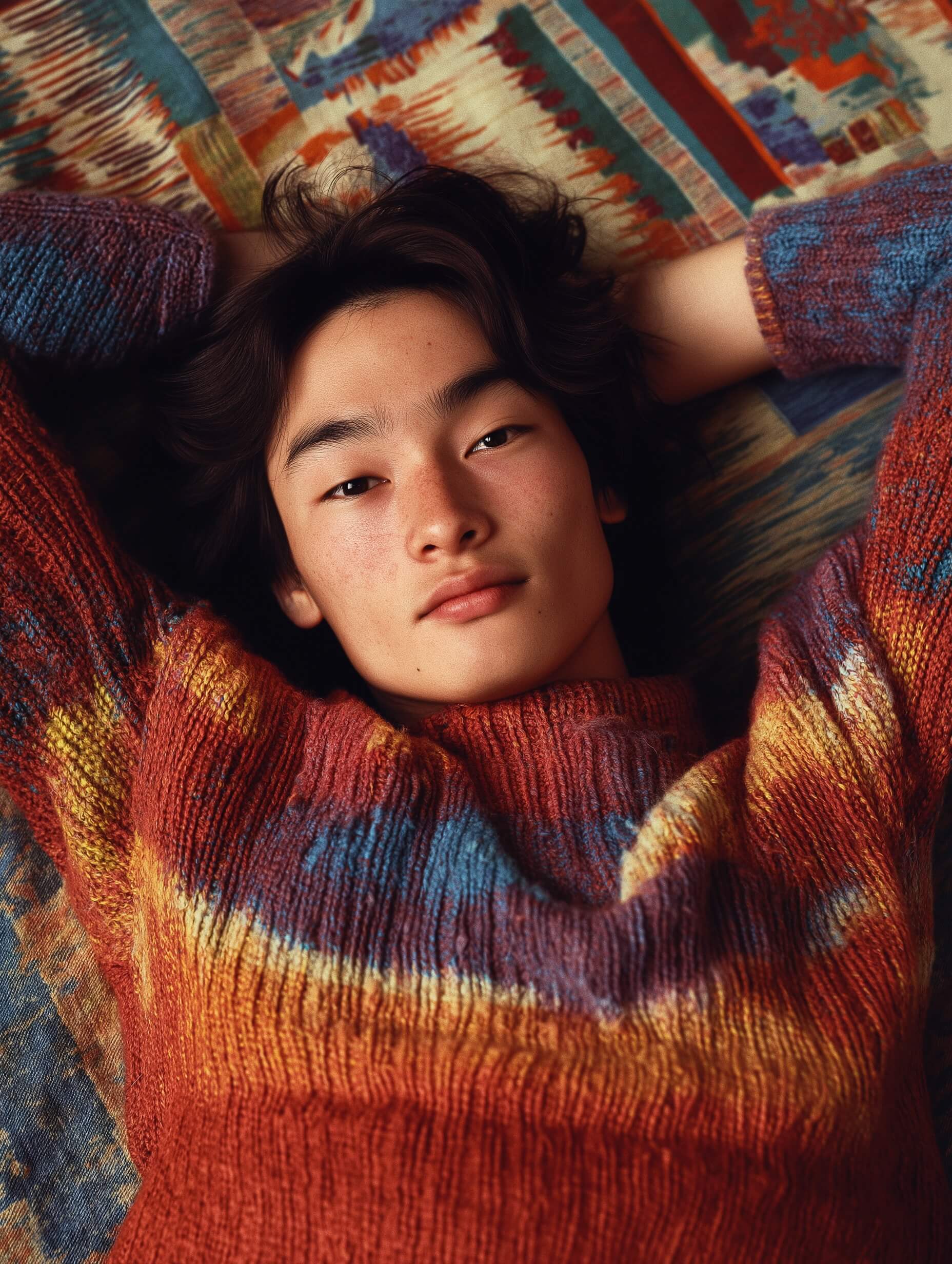 This photograph captures a young Asian man with straight, dark hair lying on a vibrant, patterned blanket. He appears relaxed, with arms folded behind his head, conveying tranquility and thoughtfulness. His face, with a calm, contemplative expression, is directed at the camera, building a viewer connection. The subject wears a ribbed, colorful sweater that stands out against the geometric patterns of the blanket. The shot is taken from above, using soft natural light that accentuates the sweater texture and enhances his skin tone with a gentle glow. A standard lens and wide aperture blur the background slightly, directing focus sharply on his face.