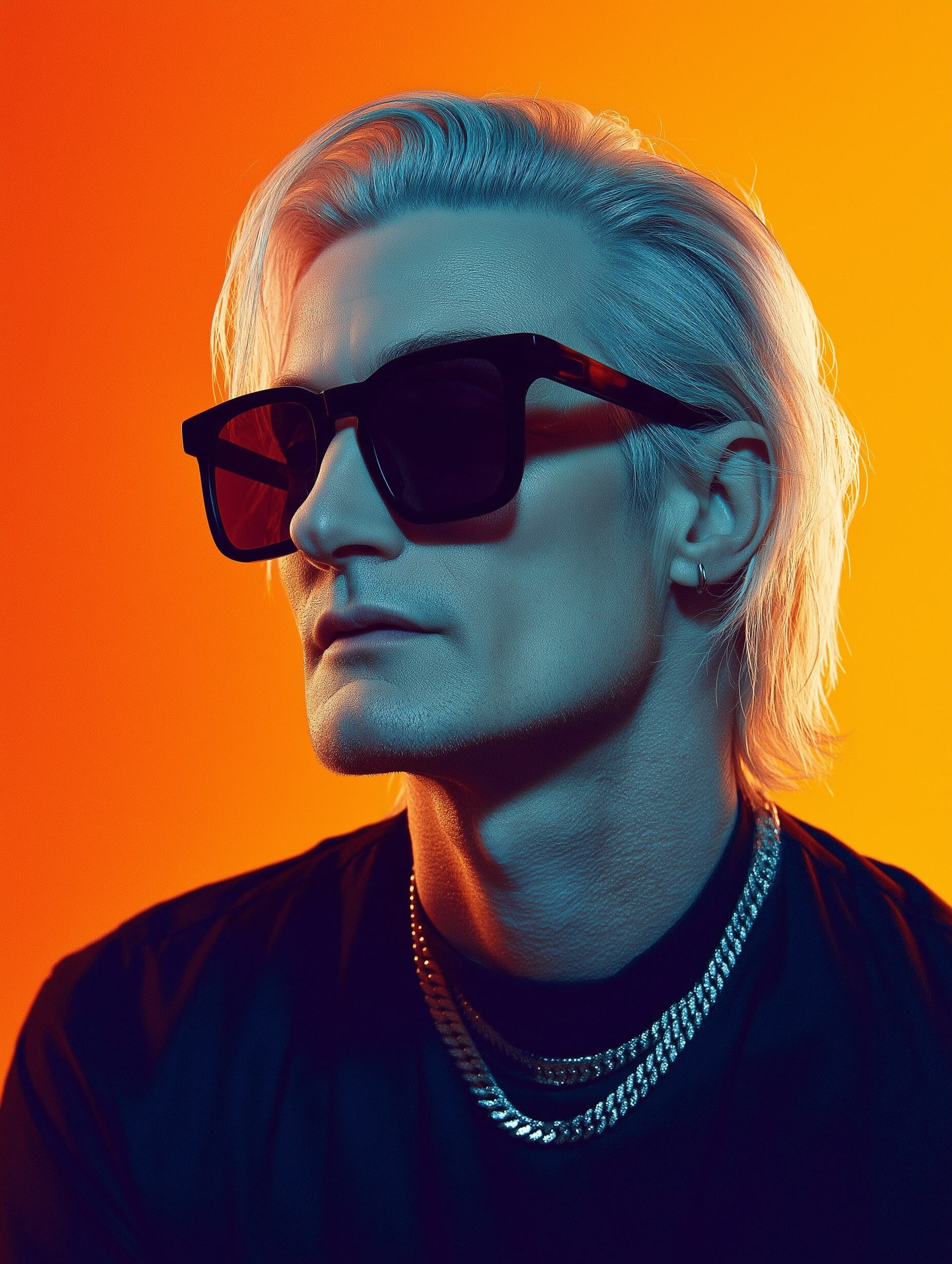 A captivating portrait of a man with light blond hair, wearing dark sunglasses and a black shirt with a silver chain, is enveloped in bold lighting. The blue illumination on his face sharply contrasts with the vibrant orange background, creating a distinct nightlife and electronic music atmosphere. His mysterious demeanor is underscored by two-tone lighting, which draws out facial structure and deep shadows, while the 85mm portrait lens keeps focus centralized. The minimalist composition, clear color saturation from expertly positioned lights, and clean camera settings, including f/4 aperture and low ISO, enhance the dramatic blue-orange contrast. Post-processing emphasizes clarity and reduces noise, resulting in a polished image that uses simple styling to reinforce its edgy, modern aesthetic that highlights the stark tonal contrasts beautifully.