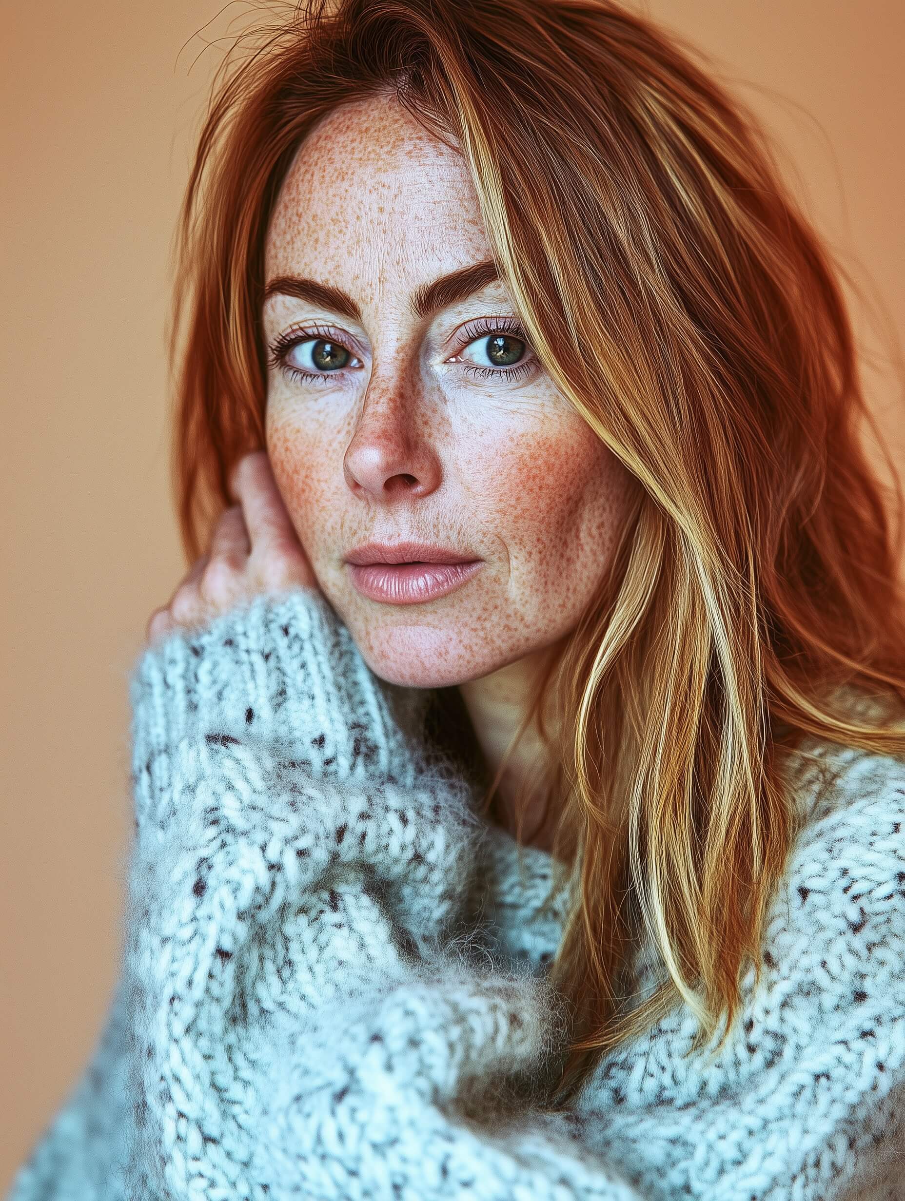 Un portrait en gros plan d'une femme au sourire chaleureux, au teint rosé et clair et aux taches de rousseur claires, complété par ses cheveux blonds sales flottants encadrant son visage. Elle pose doucement sa joue sur sa main, respire le confort et la facilité dans son pull bleu pastel. L'arrière-plan est d'un pêche doux et atténué, en harmonie avec les tons chauds de sa peau et de ses cheveux. L'éclairage doux et uniforme met en valeur les traits de son visage, en particulier ses yeux brillants, créant une ambiance chaleureuse et accessible. Prise avec une faible profondeur de champ pour flouter l'arrière-plan, cette image la capture dans une composition centrée et intime, soulignant son charme naturel à travers une palette de couleurs chaudes et terreuses.