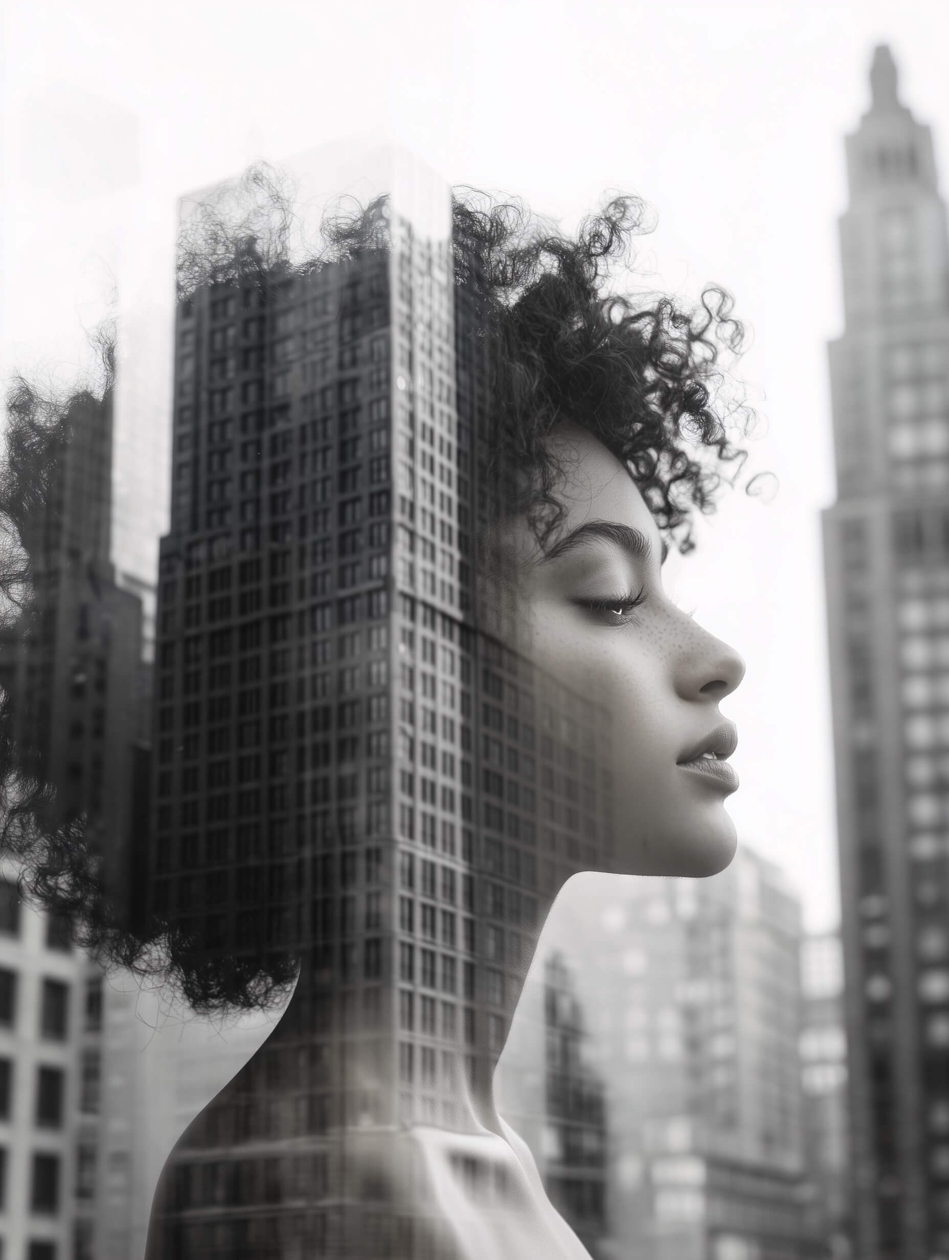 A striking black-and-white double-exposure photograph beautifully blends a woman’s delicate, side profile with the urban cityscape, her soft, contemplative expression and curly hair seamlessly intertwined with towering skyscrapers, achieving a dreamlike, introspective effect, while soft natural lighting highlights her facial features and gentle blending via a double-exposure technique evokes connection with her modern surroundings, emphasized through a monochrome palette that enhances textures and contrast.