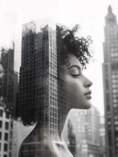 Una impactante fotografía en blanco y negro de doble exposición combina a la perfección el delicado perfil lateral de una mujer con el paisaje urbano, su expresión suave y contemplativa y su cabello rizado se entrelazan a la perfección con los imponentes rascacielos, logrando un efecto introspectivo y de ensueño, mientras que la suave iluminación natural resalta sus rasgos faciales y la suave combinación a través de una técnica de doble exposición evoca la conexión con su entorno moderno, enfatizada a través de una paleta monocromática que realza las texturas y el contraste.