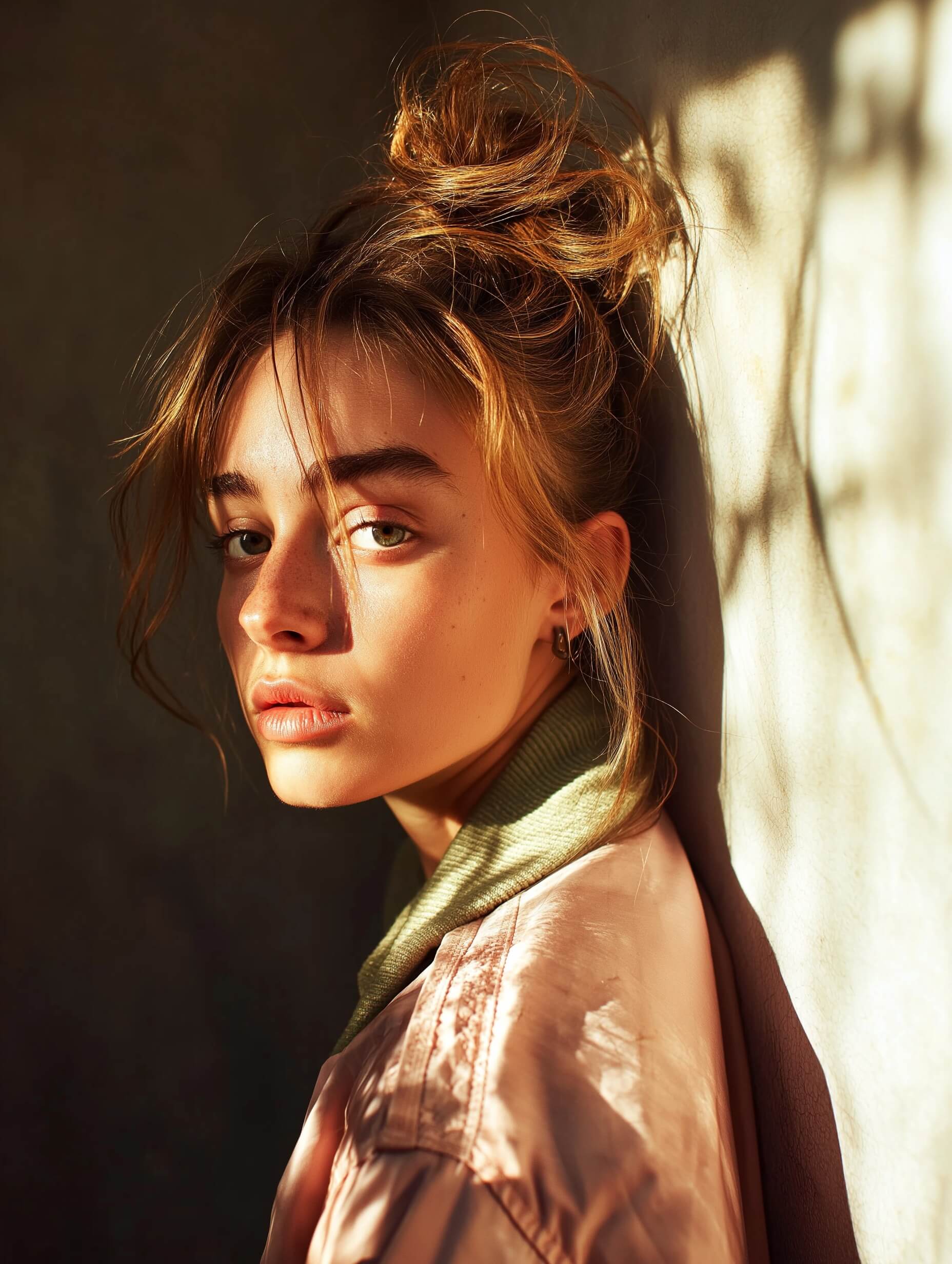 A young woman with fair skin and delicate facial features gazes serenely at the camera. She has dark blonde hair styled in a messy bun and wears a light pink bomber jacket. Warm sunset light bathes her face, casting a subtle shadow on the plain light gray wall behind her. Her posture is relaxed, leaning slightly back against the wall which adds to the calm intimacy of the portrait. The background is soft and non-distracting, while vibrant, harmonious colors from the golden hour and the jacket enhance the natural warmth of the image.