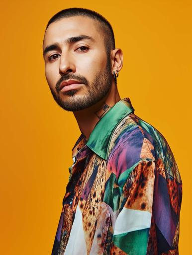 The portrait features a Middle Eastern man standing against a vivid yellow background. He gazes directly at the camera with a neutral expression, his short fade hairstyle and neatly trimmed beard adding to the modern aesthetic. His attire includes an eye-catching, geometric-patterned shirt in green, purple, and white, left unbuttoned over a black shirt. The vibrant shirt energizes the image, contrasting with the solid backdrop. A leather bracelet subtly accessorizes his look. The lighting is soft and even, capturing skin and facial hair details without harsh shadows and rendering the subject as the focal point, thanks to a portrait lens that slightly blurs the background. The visual style is urban and contemporary, with a tight frame centered on the face to create a direct connection with the viewer.