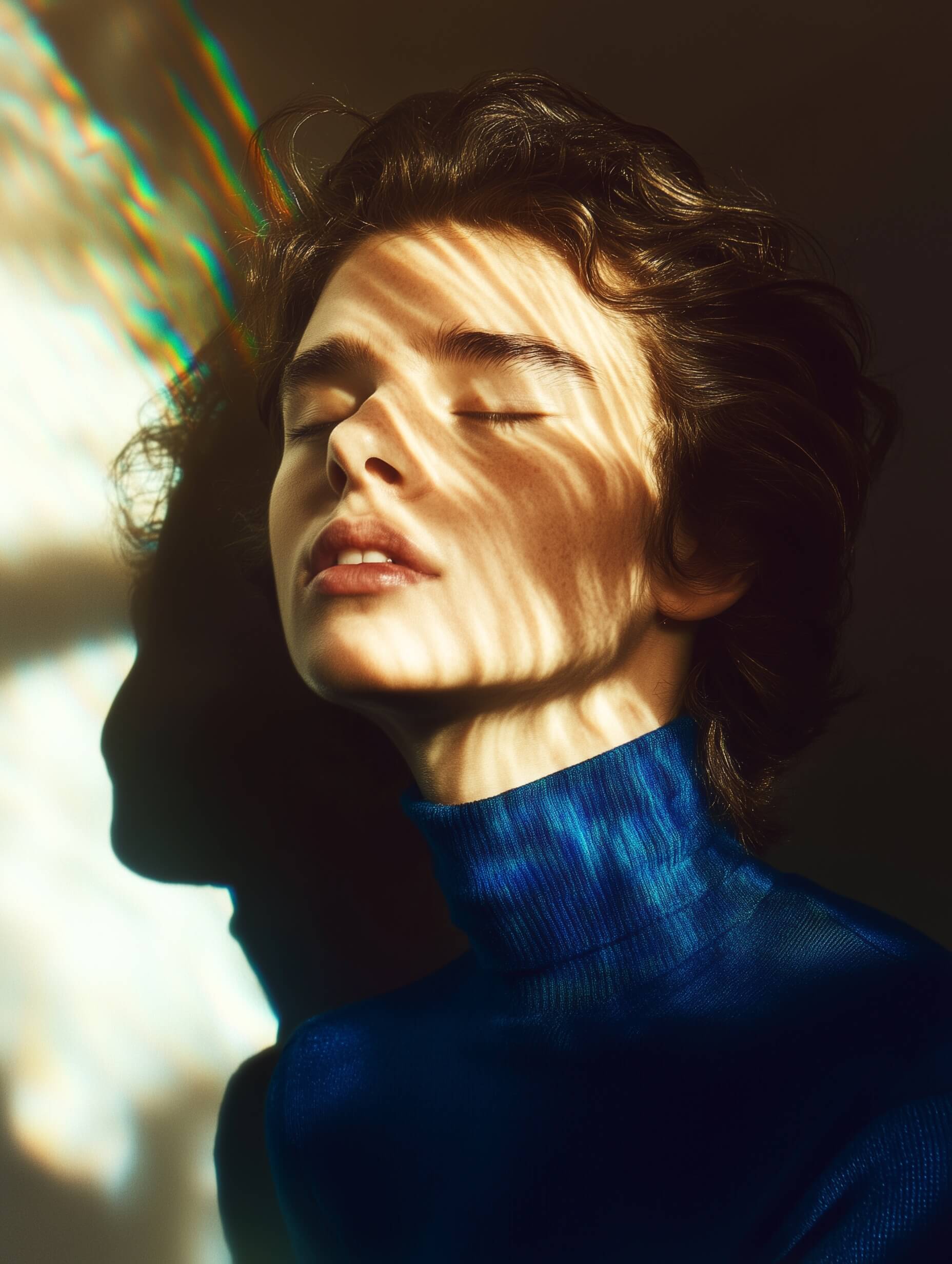 A portrait of a young man features medium-length dark hair and closed eyes, as soft sunlight and light refractions create subtle rainbow effects across his face and the light-toned wall behind him. He wears a blue turtleneck, contrasting sharply with the background, while sunlight washes over his face, infusing warmth in his skin and the rainbow reflections contribute to the surreal, serene atmosphere. His tranquil expression and the interplay of natural light and prisms establish a peaceful, dreamlike mood. The natural sunlight acts as the primary light source, casting both warm light and soft shadows on the subject’s face, as it bounces off a prism or glass to create delicate beams. Light likely enters from a window at an angle, prompting this specific light and shadow dynamic. A wide aperture (around f/2.8) ensures a blurred background, emphasizing prism-like refractions without distracting from the subject. A moderate shutter speed (1/160 to 1/200) avoids motion blur while capturing subtle light movements. A low ISO (100-200) maintains clarity, given the strong sunlight's brightness. A prime portrait lens, like an 85mm, captures the subject in sharp focus and provides a soft, blurry backdrop, aiding in isolating the subject amid the light play. The subject is slightly off-center, with his face at the rule of thirds intersection for balanced composition. Closed eyes and a serene look enhance the meditative, tranquil image. Light refractions serve as a secondary interest point, adding ethereal beauty without detracting from the subject's prominence. The contrast between the deep blue turtleneck and warm skin tones stands out against the neutral background, offering minimalism and calm. Rainbow hues from prism-like reflections introduce vibrant accents. Color enhancement subtly boosts rainbow reflections, ensuring warm, inviting sunlight. Contrast adjustments make deep turtleneck hues and shadows stand out mildly. Clarity and sharpness tweaks enhance facial details while keeping the background soft-focused. The subject’s simple turtleneck and clean appearance keep emphasis on light play and a serene expression, enhancing the overall meditative atmosphere. The light interaction and his peaceful expression craft a striking, soothing image.