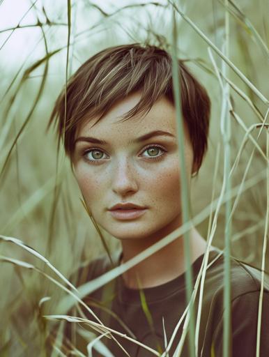 This serene close-up portrait showcases a young Caucasian woman with short, dark blonde hair, faint freckles, and striking pale green eyes set against a backdrop of delicate wild grasses, contributing to the image's moody, grounded feel. The soft, diffused lighting, likely from an overcast sky, provides even illumination without harsh shadows. A wide aperture blurs the earthy background, keeping her face in sharp focus, while a fast shutter speed captures any movement. The 50mm or 85mm prime lens aids in natural perspective. The grasses naturally frame her centered face, creating depth and organic balance, with some blades obscuring parts of the frame to enhance intimacy. Muted greens, browns, and earthy tones dominate the palette, with slight desaturation in post-processing for mood, alongside enhancements to eye sharpness and subtle vignetting. Her contemplative expression blends into the scene, and minimal styling with a slightly metallic olive-toned shirt adds a modern twist to this aesthetically pleasing portrait.