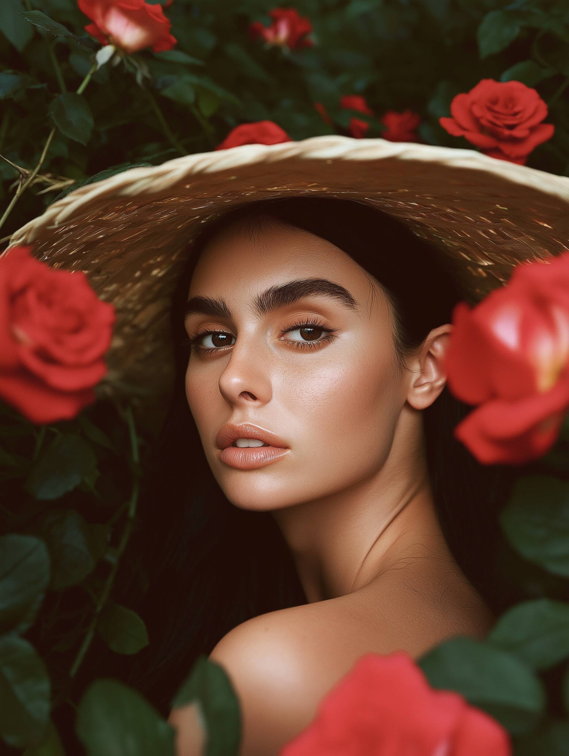 Este hermoso retrato captura a una mujer serena enmarcada por vibrantes rosas rojas y exuberante follaje verde, que combina su cabello oscuro alborotado a la perfección con el entorno natural. Su mirada tranquila y expresión serena se acentúan con una iluminación suave y difusa que realza su piel tersa contra el rico fondo floral. Lleva una prenda de color blanquecino que agrega un tono terroso, mientras que una mano colocada con ternura cerca de su pecho, con uñas perfectamente cuidadas, se suma a la delicada elegancia del retrato. La poca profundidad de campo lograda con una apertura de f/1.8 a f/2.8 enfoca nítidamente el rostro de la mujer y las rosas circundantes, difuminando el fondo para una estética de ensueño. Un lente prime de 50 mm u 85 mm es ideal para esta composición, que combina rojos vibrantes, verdes profundos y tonos de piel neutros para una atmósfera armoniosa y natural. El posprocesamiento mejora los contrastes de color sutilmente y mantiene una sensación suave y orgánica, lo que garantiza que el rostro del sujeto siga siendo el punto focal sin sombras duras.