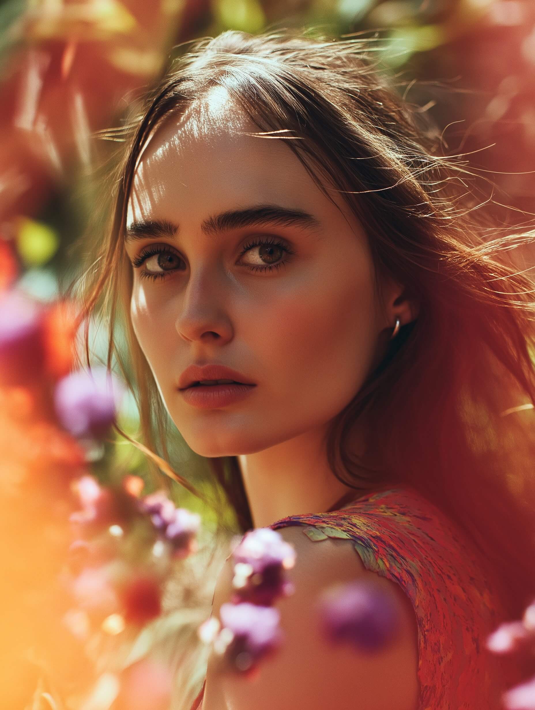 A dreamy portrait features a woman with long, wavy hair surrounded by a soft glow created by diffused sunlight filtering through lush greenery. She holds vibrant purple flowers near her face, complemented by a soft blur of lavender and rose hues in the foreground. The warm, natural palette with blurred yellow and orange adds artistic depth, and rule of thirds composition alongside a subtle soft focus enhance the serene, whimsical feel of the scene. Using an 85mm or 50mm lens with f/2.0 to f/2.8 aperture, this photograph beautifully integrates organic styling and natural light to capture an airy and harmonious essence.