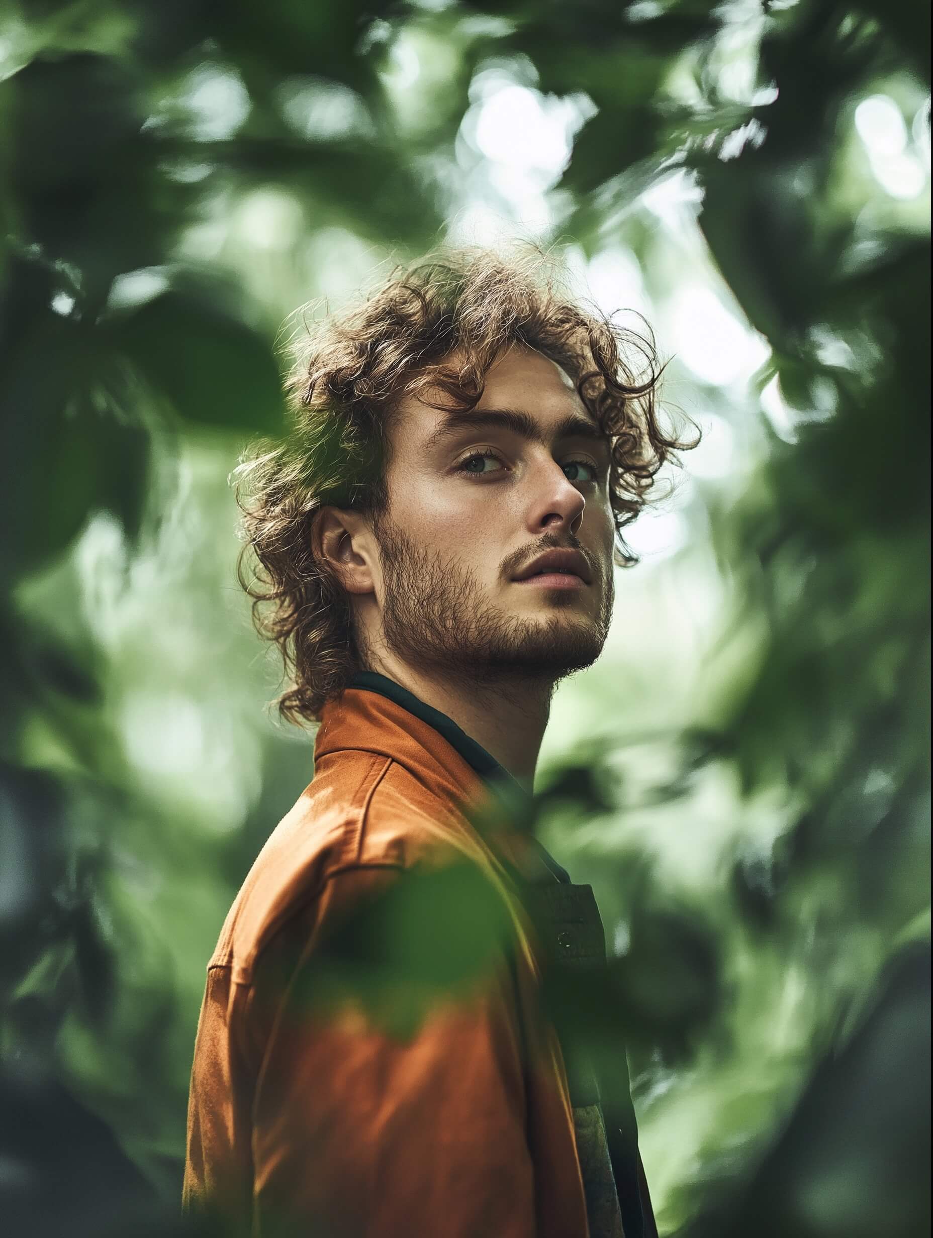 O retrato captura um jovem com cabelos cacheados, suavemente iluminado pela luz solar difusa, olhando para fora da câmera com uma expressão contemplativa. Ele veste uma jaqueta em tons terrosos, complementando a vegetação desfocada do fundo natural externo. O uso de uma profundidade de campo rasa (f/1.8 - f/2.8) e uma lente prime de 50 mm ou 85 mm mantém seu rosto em foco nítido enquanto o fundo permanece suavemente desfocado, enfatizando seu comportamento pensativo. Tirada durante a hora dourada ou sob céus nublados para iluminação suave e uniforme, a imagem destaca os tons e texturas naturais da pele do sujeito. A composição apertada e em close-up aprimora sua expressão e conexão emocional, com gradação de cores quentes e naturais no pós-processamento para realçar tons terrosos, juntamente com nitidez sutil ao redor dos olhos. Uma leve vinheta muda sutilmente o foco para seu rosto, enquanto sua postura casual e guarda-roupa terroso fundamentam o retrato em seu cenário sereno ao ar livre.