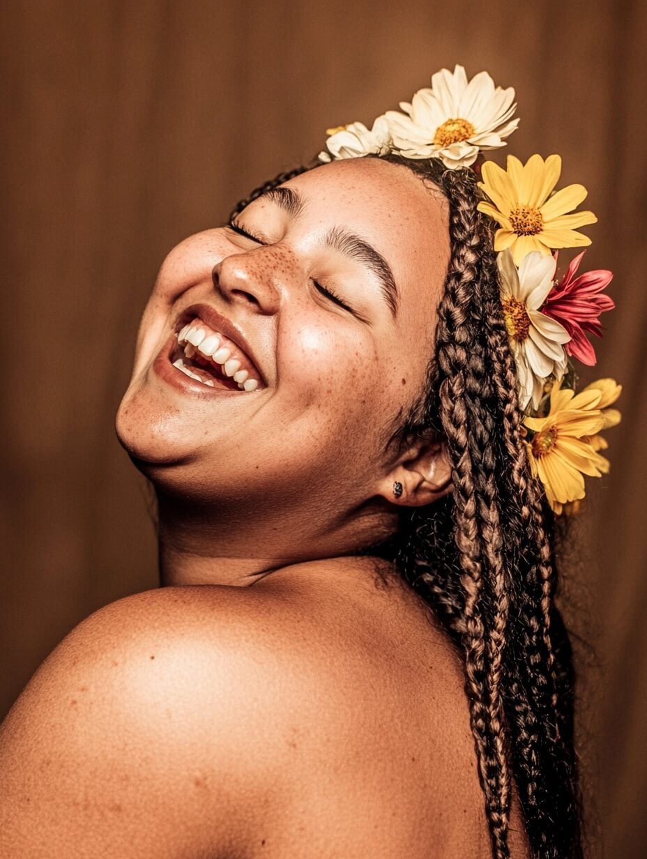 This image showcases a woman with light brown skin, exuberantly smiling with closed eyes, her long braids embellished with a vibrant yellow flower crown that contrasts beautifully with her skin, radiating pure bliss. Lit from the left with soft lighting that highlights her face and curves, her skin appears luminous. Captured from the shoulders up, her profile is turned slightly from the camera, giving a candid, carefree feel as she tilts her head back. A soft blur in the deep brown background contrasts with the sharp focus on her joyful expression, achieved using a low aperture. The colors play with natural warmth, with post-processing enhancing her skin tones softly, bringing out the emotion effortlessly. The photo encapsulates joy through its simplicity and genuine emotion.