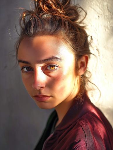 Capture of a young woman with medium skin tone, auburn hair in a messy bun, wearing a dark maroon bomber jacket. She stands against a plain white wall illuminated by warm late afternoon golden hour lighting, casting a soft shadow behind her. Her gaze is serene, direct at the camera, with a relaxed posture and slight head tilt, exuding calm intimacy. The image's warm color palette is highlighted by the earthy tones and minimal post-processing, ensuring the subject remains the focal point with her face in sharp focus and a shallow depth of field that blurs the background.