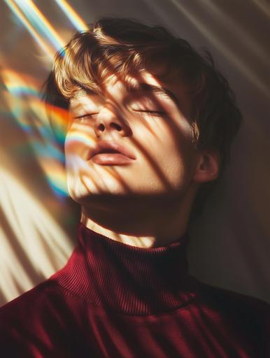 This portrait captures a young man with fair skin and medium-length blonde hair, eyes gently closed as soft sunlight and light refractions cast faint rainbow hues across his face and the pale wall behind him. He's dressed in a deep burgundy turtleneck that contrasts sharply with the neutral-toned background. The natural sunlight beautifully illuminates his face, adding a warm glow to his skin, while the rainbow effects lend the scene a dreamlike, serene atmosphere. 

**Camera Setup:**
- Natural sunlight from the side laces the scene.
- Wide aperture (~f/2.8) for background blur.
- Moderate shutter speed (~1/160-1/200).
- Low ISO (100-200) for clarity.
- Medium telephoto lens (e.g., 85mm) concentrates focus.

**Composition:** 
- Subject off-center for balanced design.
- Rainbow refractions enrich the aesthetic appeal without detracting from the focus.

**Color and Style:** 
- Deep burgundy turtleneck contrasts with warm tones.
- Soft rainbow hues introduce delicate vibrancy.

**Post-Processing:** 
- Subtle color and contrast enhancements accentuate light and shadow play, creating a peaceful and minimalist feeling.