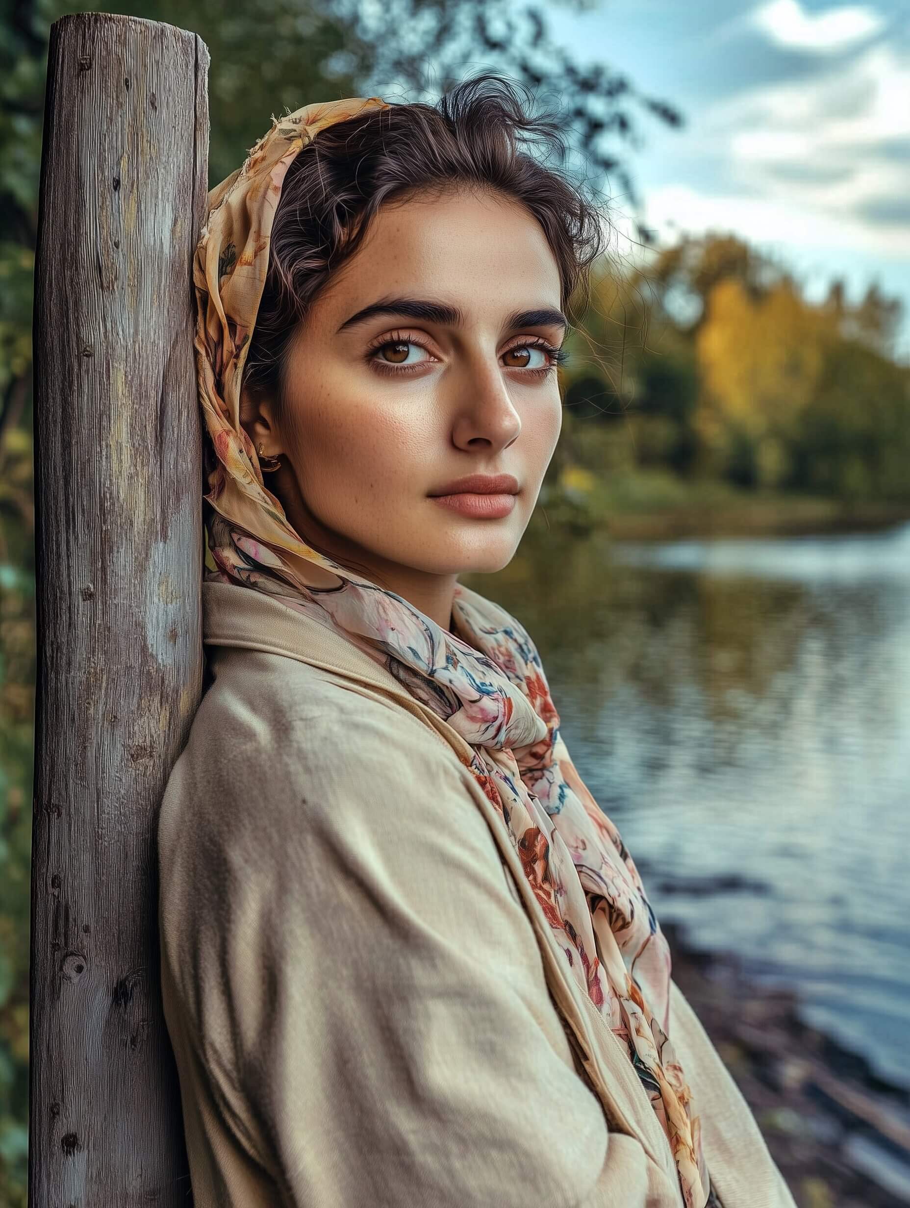 A serene outdoor portrait captures a woman with warm olive skin, brown hair, wearing a beige jacket and floral headscarf, leaning on a wooden fence by a picturesque lake. Her eyes are peacefully closed, and she reflects the tranquility of the scene. The natural late afternoon sunlight casts a warm glow, subtly illuminating her features and enhancing the overall rustic warmth of the image, with a shallow depth of field achieved by a prime lens, softening the blurred backdrop of a serene lake, trees, and a clear blue sky - perfect for conveying a peaceful moment of reflection.