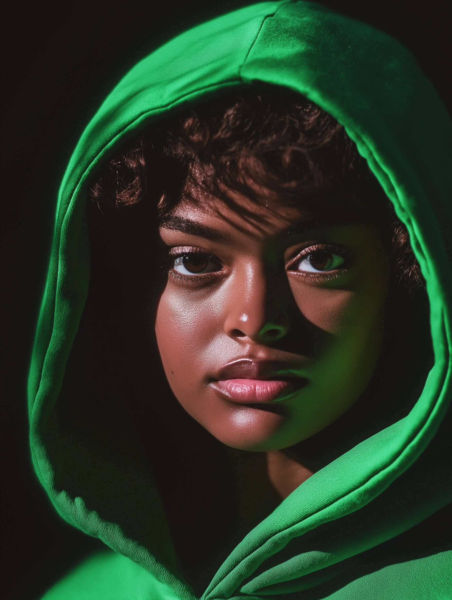 Ce portrait saisissant met en scène une femme noire, ses yeux intenses scrutant la grande capuche d'un sweat-shirt vert forêt vibrant, sur fond noir profond. Ses cheveux noirs et bouclés sont presque invisibles, se fondant parfaitement dans les ombres, ce qui renforce la vivacité de sa tenue et attire l'attention sur son regard vif et délibéré. ​​L'image est composée avec un focus central sur les yeux de la femme, en utilisant un éclairage doux et directionnel pour créer des ombres douces qui ajoutent de la profondeur tout en conservant clarté et dynamisme. L'ambiance générale est celle du mystère et de la force, obtenue grâce à l'équilibre minutieux de l'éclairage, du contraste des couleurs et de la composition.