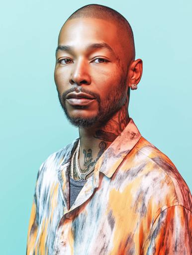 A portrait of a Black man standing against a solid teal background, facing the camera with a neutral expression. He has a close-shaven buzz cut and a finely shaped beard. The man wears a stylish shirt with artistic patterns of yellow, gray, and white over a gray shirt, paired with a simple ring. The image is softly lit, emphasizing his facial features and the vivid contrast of his bold shirt against the teal backdrop. The composition is tightly framed and shot at eye level, with a sharp focus on his facial expression, offering a modern, intimate, and direct urban portrait.