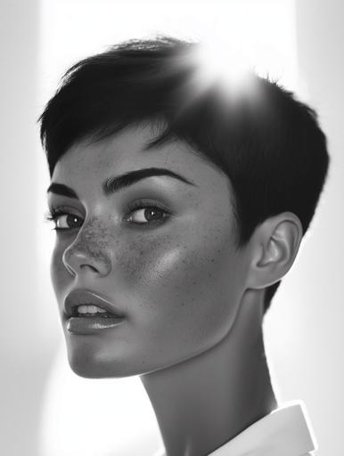 Un portrait monochrome saisissant capture une jeune femme aux cheveux volumineux relevés vers le haut, au maquillage doux et naturel mettant en valeur des sourcils définis et des lèvres brillantes. Elle porte une chemise blanche impeccable, renforçant une esthétique minimaliste, tandis que sa peau tachetée de rousseur ajoute de la texture et du caractère. Le sujet, placé hors du centre avec un regard oblique et contemplatif, est éclairé par un éclairage doux et diffus qui flatte ses traits, concentrant l'attention à travers des ombres et des reflets subtils. Une faible profondeur de champ l'isole de l'arrière-plan, gardant la scène propre et exempte de distractions. La palette intemporelle en noir et blanc souligne l'ambiance élégante mais contemporaine de cette photographie au cadrage serré, accentuant l'expression de la femme et ses cheveux saisissants.