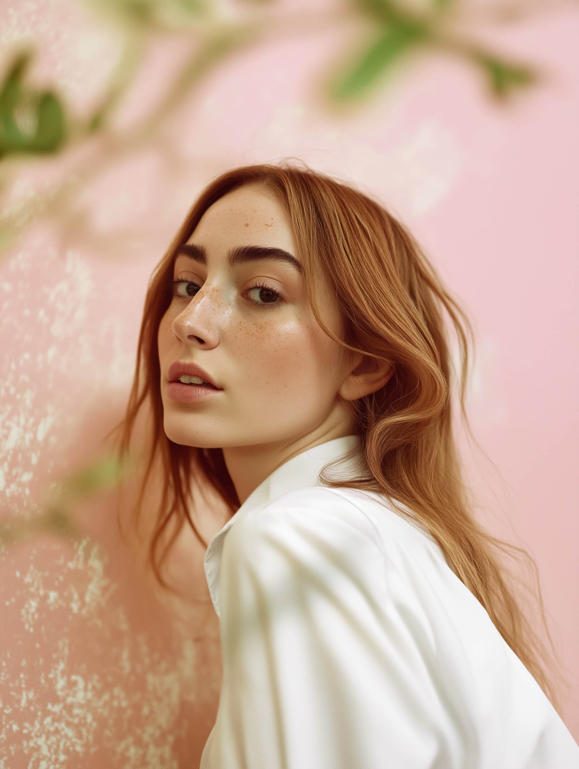 The portrait captures a serene young woman with olive skin and subtle freckles, her relaxed pose and gentle smile exude calmness. She wears a white button-up shirt, complementing her natural beauty against a muted pastel pink background. The photo uses soft natural lighting, highlighting her slightly wavy shoulder-length hair and perfectly shaped eyebrows. Technical details include wide aperture, moderate shutter speed, low ISO, and an 85mm portrait lens. The composition employs the rule of thirds with minimal retouching, maintaining her natural features and a harmonious color palette. This creates an inviting, tranquil image with a focus on simplicity and authenticity.