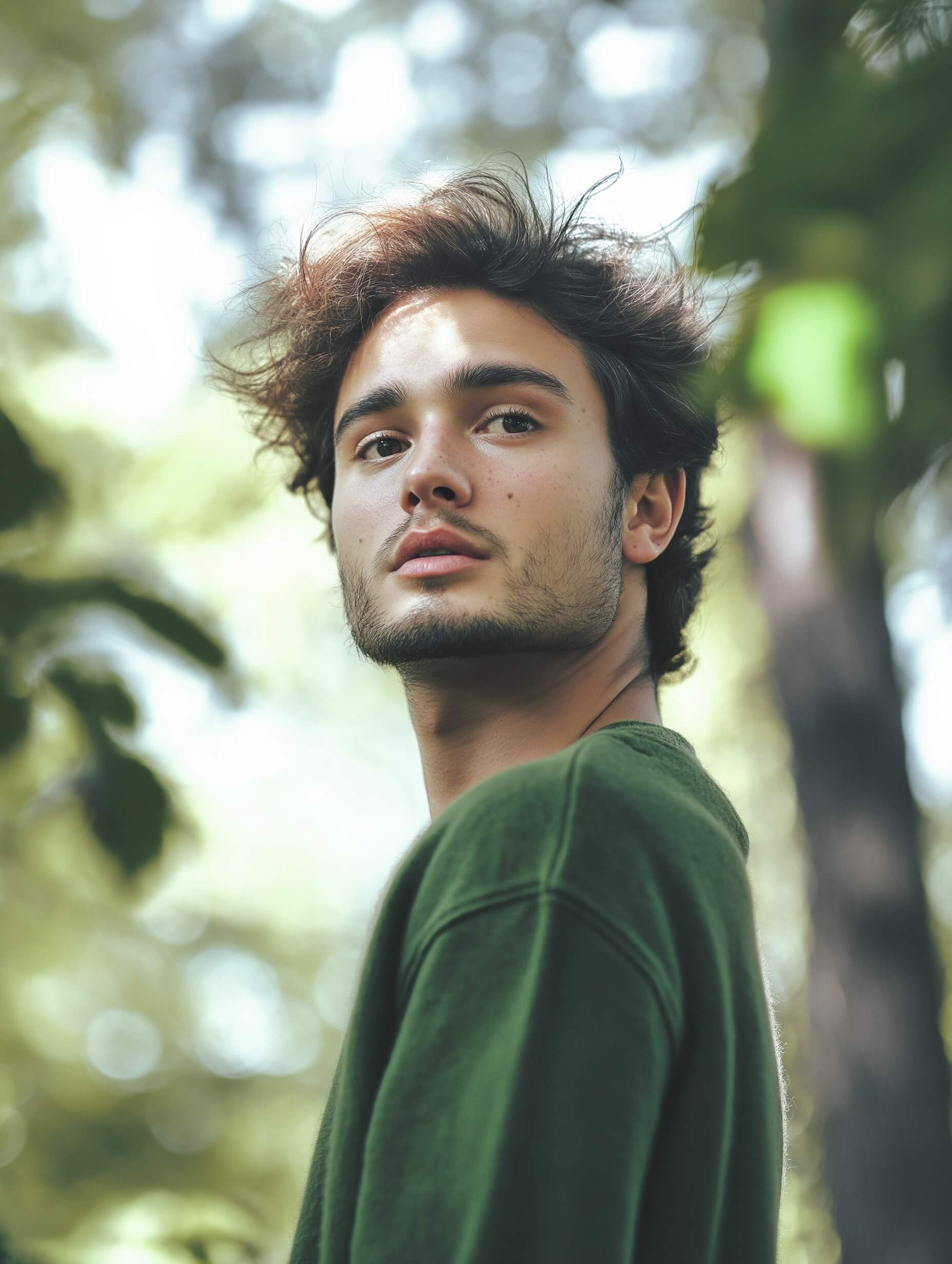 Fotografieren Sie einen jungen Mann mit welligem schwarzem Haar, der einen olivgrünen Pullover trägt und in weichem, diffusem Licht nachdenklich zur Seite blickt. Der Hintergrund verschwimmt sanft mit grünem Laub und schafft so eine ruhige und natürliche Atmosphäre. Verwenden Sie eine geringe Tiefenschärfe, um seinen Gesichtsausdruck scharf zu halten, während der Hintergrund leicht unscharf bleibt. Streben Sie erdige Töne an, die mit seinem natürlichen Hautglanz und der Umgebung im Freien harmonieren. Verwenden Sie für das Porträt ein 50-mm- oder 85-mm-Objektiv und bearbeiten Sie es mit subtiler Farbkorrektur und einer leichten Vignette, um die nachdenkliche Stimmung des Motivs hervorzuheben und die Aufmerksamkeit auf seinen neugierigen Blick und seine entspannte Haltung zu lenken.