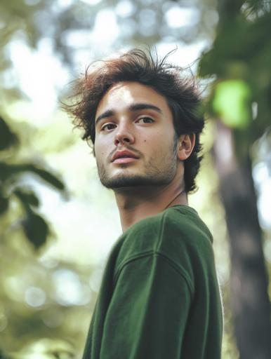 Capture a young man with wavy black hair wearing an olive-green sweater, gazing thoughtfully to the side in soft, diffused light. The background softly blurs into green foliage, creating a calm and natural atmosphere. Use a shallow depth of field to keep his expression in sharp focus while the background remains gently out of focus. Aim for earthy tones that harmonize with his natural skin glow and the outdoor setting. Consider using a 50mm or 85mm lens for the portrait, and edit with subtle color grading and a slight vignette to emphasize the subject's contemplative mood and draw attention to his inquisitive gaze and relaxed posture.