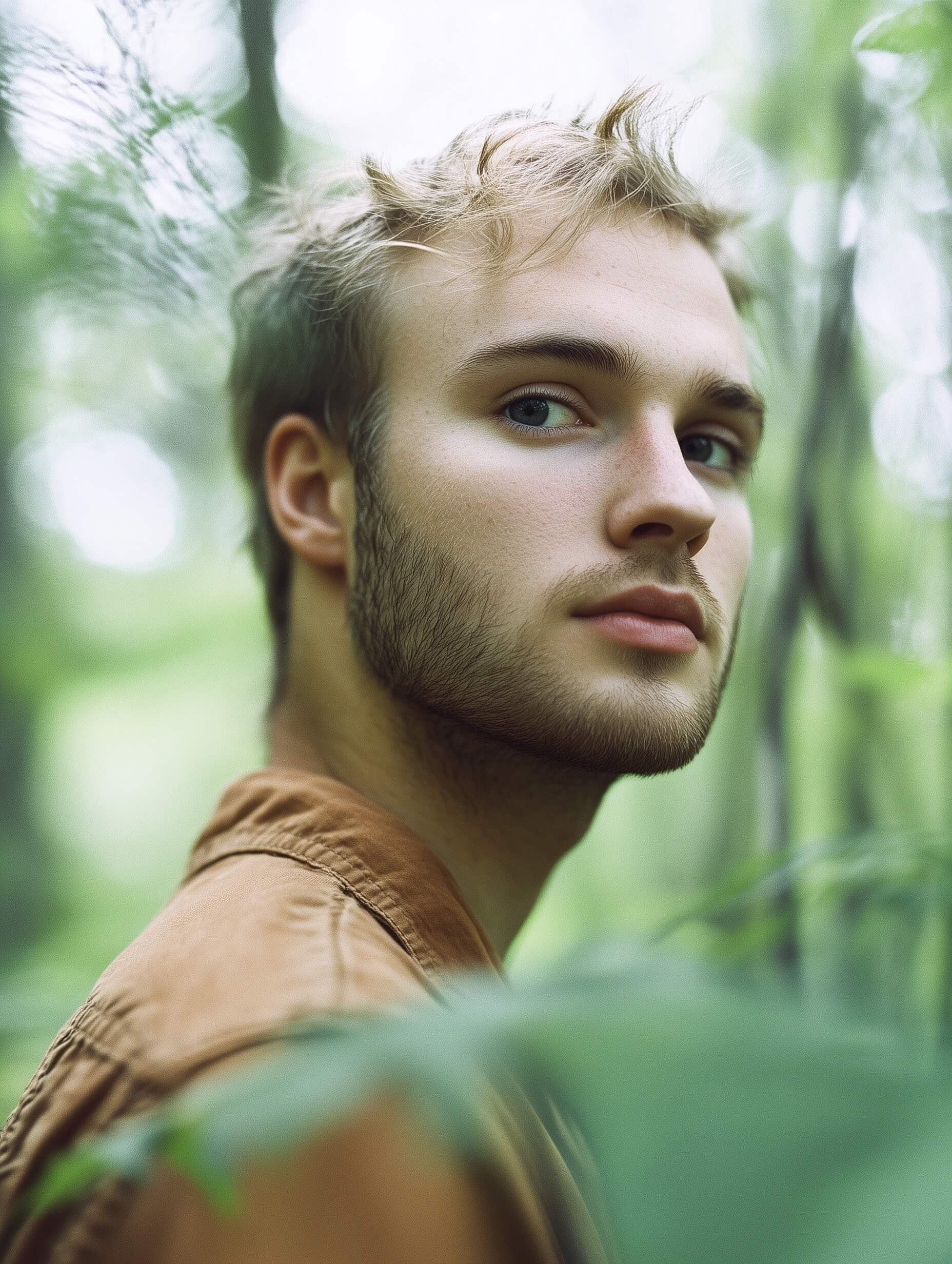 A young man with straight blonde hair gazes thoughtfully off-camera in this intimate portrait, set against a gently blurred green, natural background. His expression is contemplative, and he wears a casual tan jacket that complements the earthy tones around him. The scene benefits from soft, diffused lighting likely during the golden hour, creating a warm, serene atmosphere. Shot with a shallow depth of field using a 50mm or 85mm prime lens, the image focuses sharply on his face while softly blurring the background, enhancing the peaceful, reflective feel. The composition is a close-up crop that emphasizes his expression, with natural, earthy colors harmonizing throughout, from his clothing to the backdrop. Post-processing enhances the warmth of his skin tones and maintains emphasis on his eyes through subtle sharpening, while a slight vignette is added for focus. The young man’s raised eyebrows and inquisitive gaze contribute to a narrative of curiosity or thoughtfulness, making this outdoor portrait both compelling and intimate.