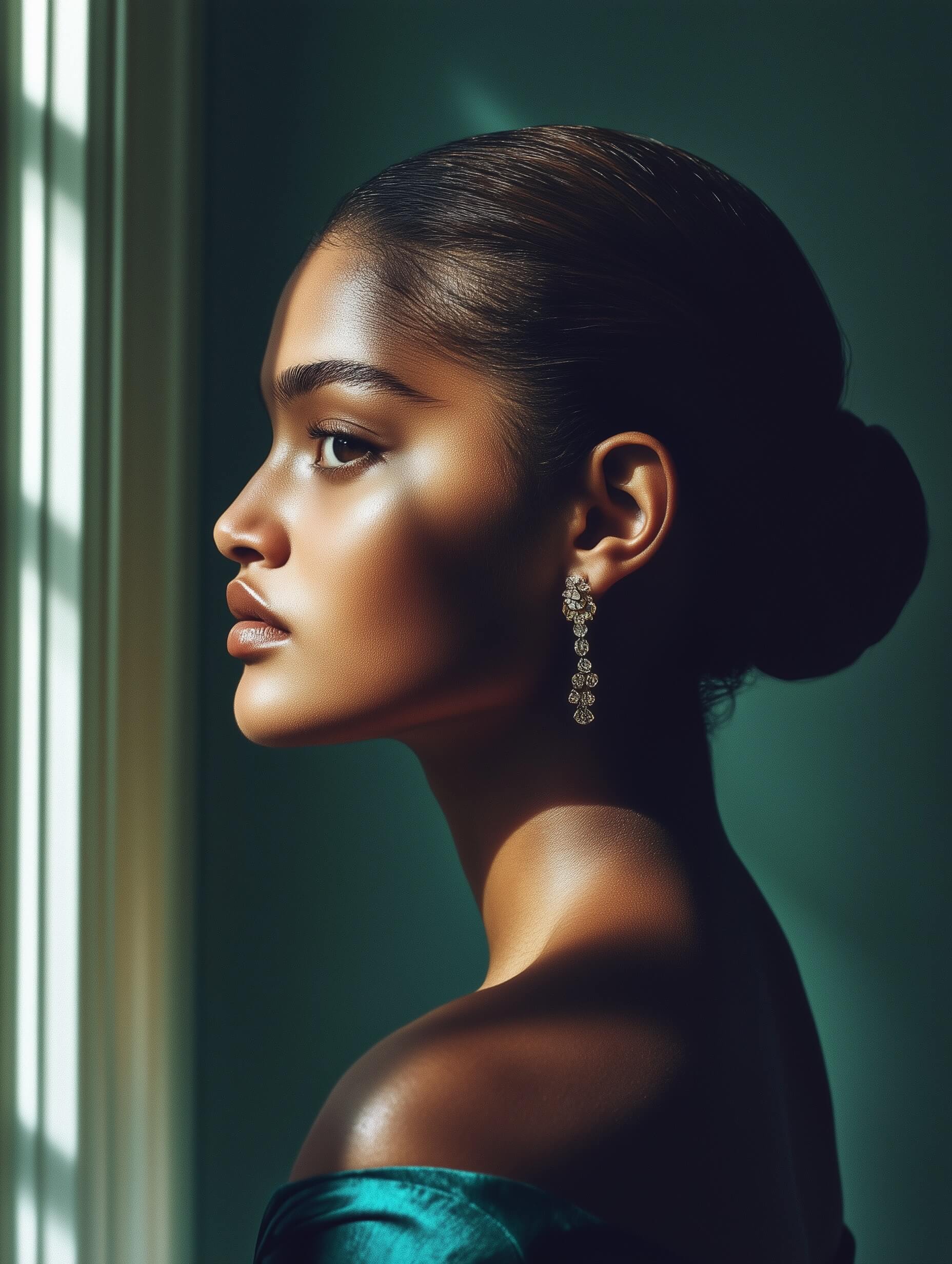 Este retrato de perfil lateral muestra a una joven negra que rezuma elegancia con una iluminación suave y difusa, su apariencia pulida se ve realzada por un moño bajo y una piel mate brillante. El fondo gris azulado, sencillo y apagado, complementa su tez morena clara, mientras que su vestido azul resalta los tonos sutiles de su cabello. Una fuente de luz grande, como una caja de luz, enfatiza sus pómulos y la línea de la mandíbula, con una apertura amplia que difumina el fondo, asegurando que se enfoque en ella. Capturada probablemente con un lente fijo, la vista de perfil junto con el espacio negativo logra el equilibrio, llamando la atención sobre sus rasgos clásicos. El posprocesamiento incluye un suavizado ligero de la piel y una nitidez general, lo que realza el minimalismo atemporal de la escena.