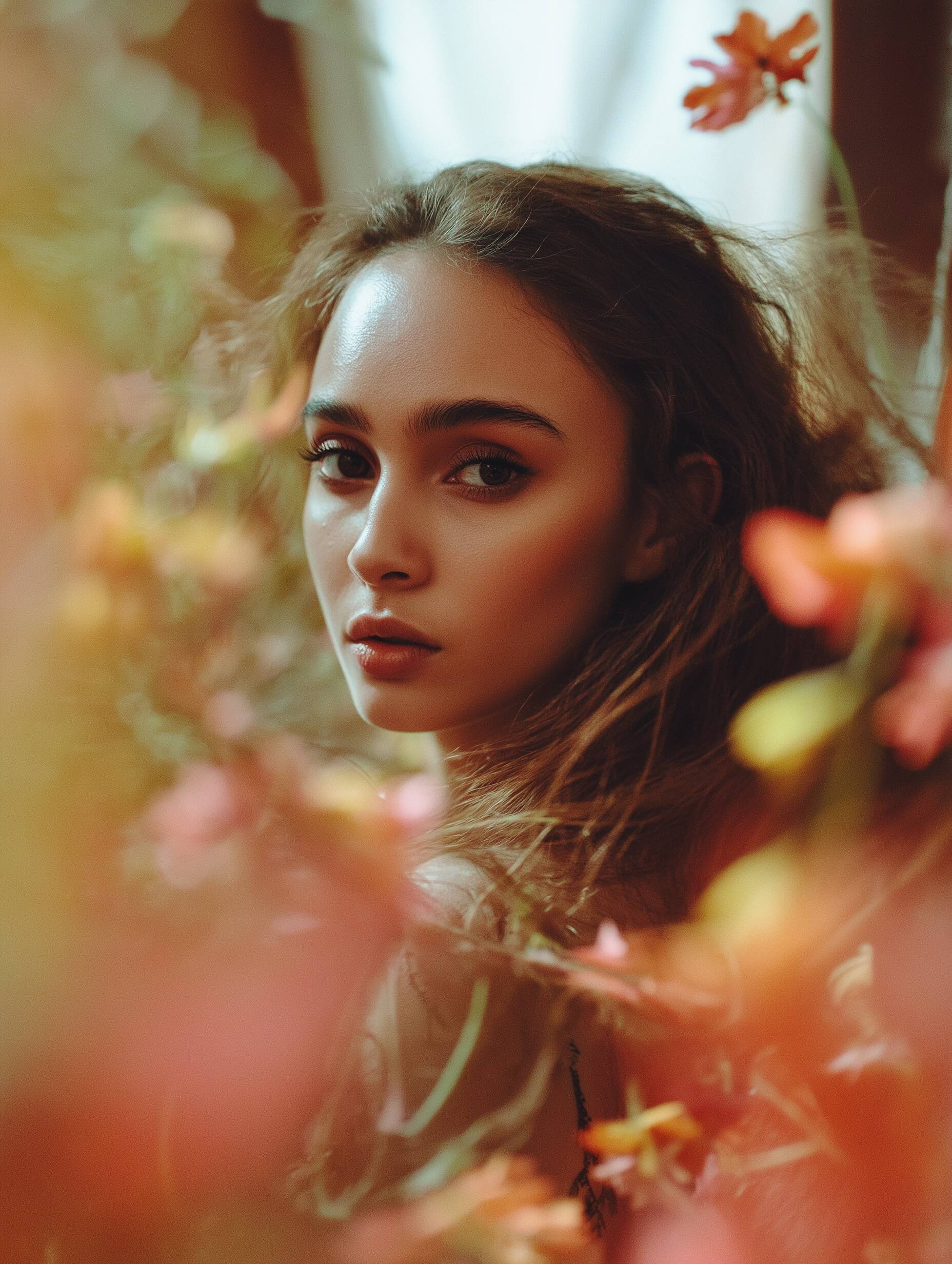 Un retrato de ensueño de una mujer con cabello rizado que sostiene delicadamente un ramo de flores de color rosa brillante cerca de su rostro, envuelto por elementos orgánicos. El retrato está infundido con una iluminación luminosa y etérea, acentuada por un suave desenfoque de tonos cálidos de rosa y melocotón en primer plano. La luz natural del día se filtra a través del follaje del fondo, iluminando hermosamente su rostro, creando un ambiente caprichoso y sereno. La composición utiliza una apertura amplia para un enfoque suave, una paleta de colores equilibrada de amarillos cálidos, naranjas y verdes suaves, y un posprocesamiento sutil para realzar esta conexión relajante con la naturaleza.