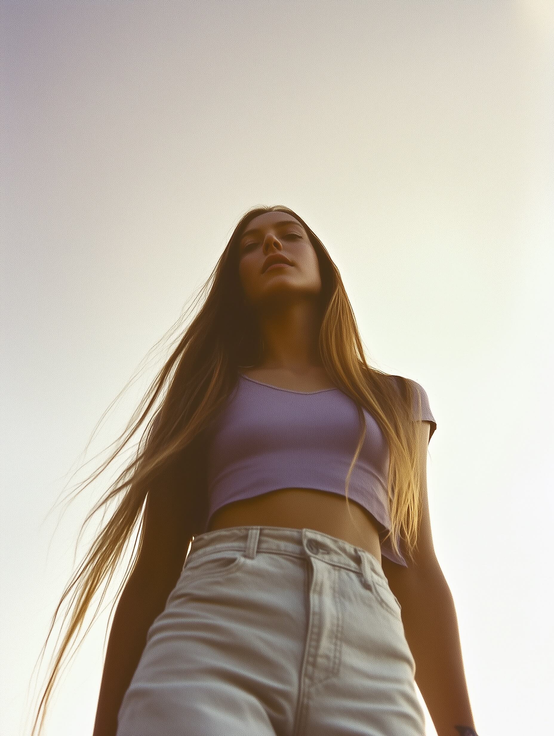 This minimalistic outdoor portrait features a young white woman against a soft, pastel-hued sunset, framed with a low-angle shot to highlight her stature. Her long, straight hair cascades down her back as she wears a fitted lavender cropped top paired with high-waisted white jeans. The scene is bathed in soft, natural daylight, likely from an overcast day or during the golden hour, lending a serene and muted vintage feel with a pale, dusty pink sky that complements her gentle-toned outfit. A wide-angle lens captures her commanding yet relaxed presence in a centered composition, accentuated by soft color grading and subtle grain addition in post-processing, enhancing a timeless, film-like quality.