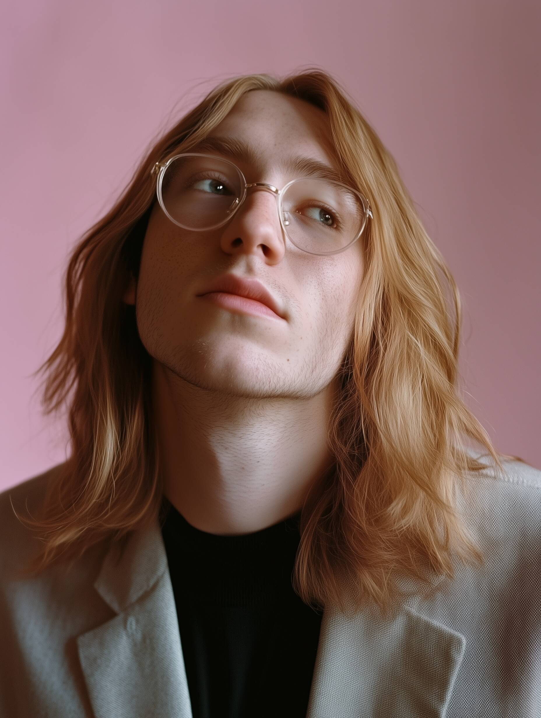 A minimalist portrait captures a young man with long, blonde hair gazing upwards, wearing thin rectangular glasses and a light gray jacket over a black T-shirt. Soft, diffused lighting illuminates his serene, contemplative expression against a monochromatic light gray background, enhanced by technical elements like shallow depth of field (f/2 - f/2.8), moderate shutter speed (1/125 to 1/160), and low ISO (100-200). Framed in a mid-close-up with muted, pastel tones, the scene offers a soothing, contemporary aesthetic, underscored by subtle post-processing and sleek, minimalistic styling.