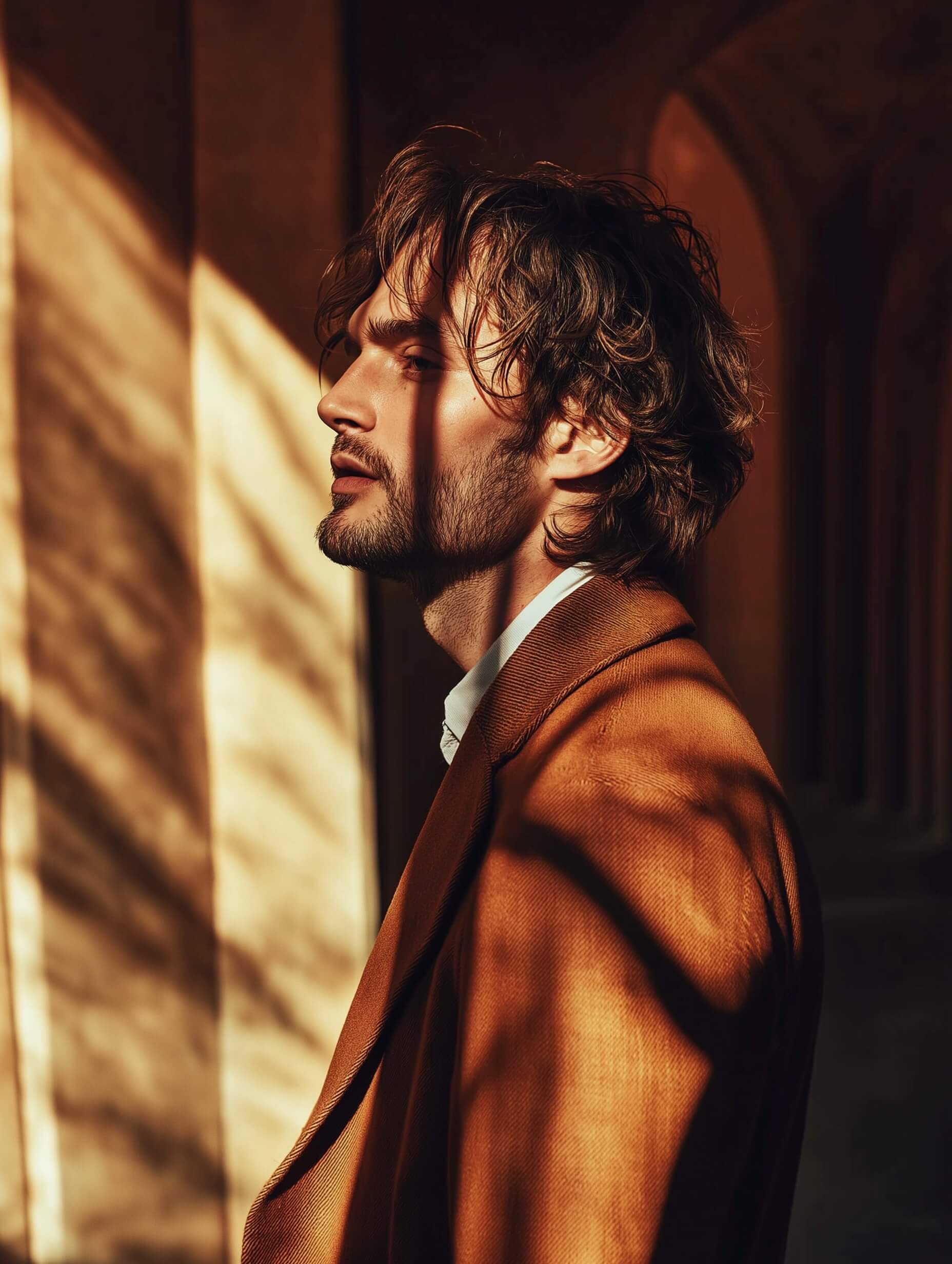 A side profile portrait of a man with wavy hair, standing in warm golden hour sunlight, wearing a brown overcoat over a white shirt for a minimalist yet sophisticated style. The golden light casts shadows behind him, accentuating his facial structure and hair texture. The soft, warm lighting creates a calm, contemplative mood as he maintains a relaxed expression. The image features a shallow depth of field, with a subtle blur in the background. The color palette emphasizes warm, earthy tones, focusing on simplicity and elegance.