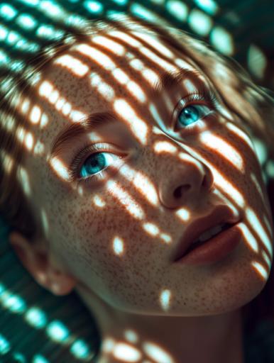 Capture a close-up of a young woman with soft freckles and deep blue-gray eyes gazing upward, under gentle, ethereal lighting. The scene should convey an underwater-like, surreal mood with a blend of shifting highlights and shadows across her face. Use dappled and directional lighting by positioning the light source above and to the side, mimicking sunlight through leaves or water. Employ a wide aperture (f/1.8 - f/2.8) for shallow depth of field, with moderate shutter speed (1/100 - 1/200) and low ISO (100-400) for clarity. Opt for a 50mm or 85mm prime lens to focus on her face while blurring the background. Frame the subject centrally, slightly below her chin, capturing light streaks emphasizing facial symmetry. A green and light yellow palette with warm skin tones contrasts against cooler backgrounds. Post-process with a subtle green tint, enhancing eye sharpness and adding a soft vignette. Adjust highlights, shadows, and contrast to accentuate freckles and texture. Her calm expression reflects the dreamlike setting, with minimal styling and natural hair. Emphasize intimacy and dreaminess through creative light and composition.