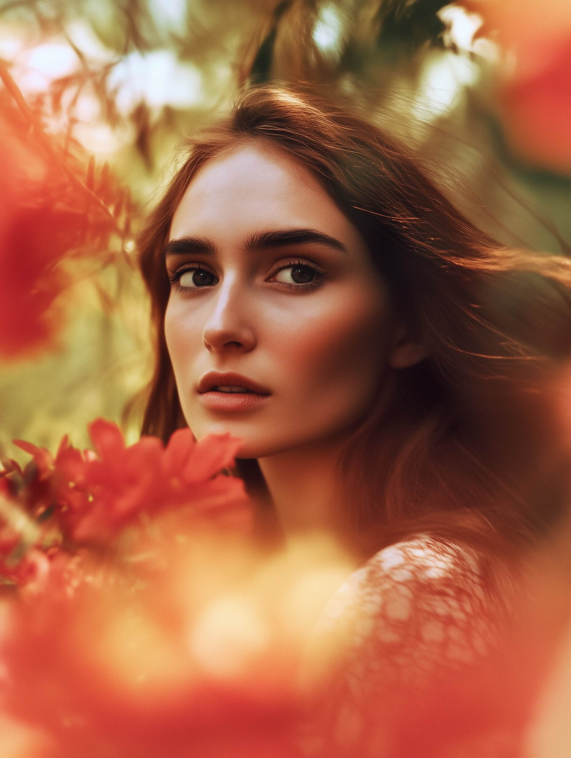 In this enchanting portrait, a woman with loose, wavy hair embraces a vibrant cluster of red flowers against her cheek, set amidst soft, natural surroundings. Illuminated by gentle, diffused sunlight filtering through lush foliage, the portrait exudes an ethereal glow, enhanced by warm coral and gold hues subtly blurred in the foreground. With natural, earthy tones and a dreamy focus achieved through a careful combination of wide aperture and backlit glow, the image conveys tranquility and a strong connection to nature. The composition follows the rule of thirds with an off-center subject to balance the scene, emphasizing natural beauty, warmth, and intimacy, while post-processing subtly enhances the warm tones and soft focus, creating a serene, whimsical ambiance.