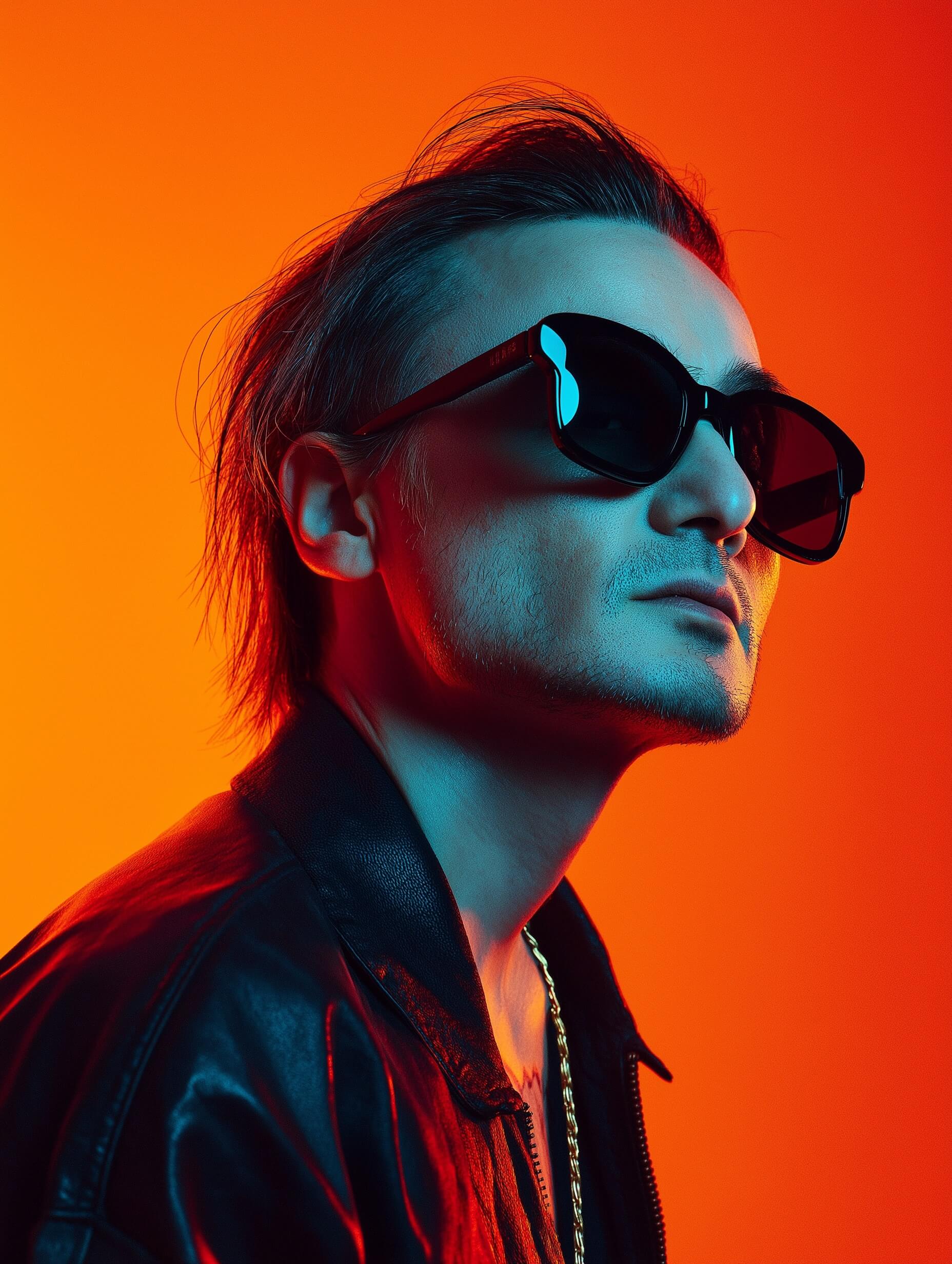 Experience a dynamic and edgy portrait of a man exuding a cool, enigmatic aura, accentuated by dramatic lighting and bold color contrast. The subject, with dark brown hair, dons black aviator sunglasses and a sleek leather jacket, enhanced by a simple gold chain. His face is starkly illuminated by a striking blue light, set against a vibrant red background, evoking a late-night urban or techno music scene. The photo uses a two-tone lighting setup with a blue hue light casting on the subject and an orange backdrop light, creating an intense visual impact. The image is captured with moderate aperture for depth, standard shutter speed, low ISO for clarity, using a portrait lens for flattering compression. Composition focuses on the minimalist, slightly off-center subject against orange negative space. Enhanced in post-processing for contrast and clarity, the portrait artfully balances bold accessories, cool tone, warm energy, and modern elegance.