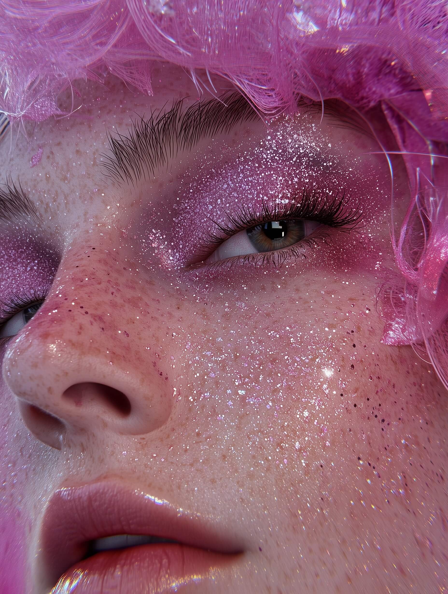 A close-up image highlights eyes framed by vibrant pink and glittery makeup. Soft, diffused lighting and a macro lens capture the bold, glamorous look without harsh shadows. The central composition focuses attention on the sparkling textures, while technical settings like a shallow depth of field (f/1.8-2.8) and low ISO ensure clarity of shimmering details. Post-processing enhances contrast and color saturation, emphasizing the high-fashion aesthetic of the makeup and glitter's visual impact.