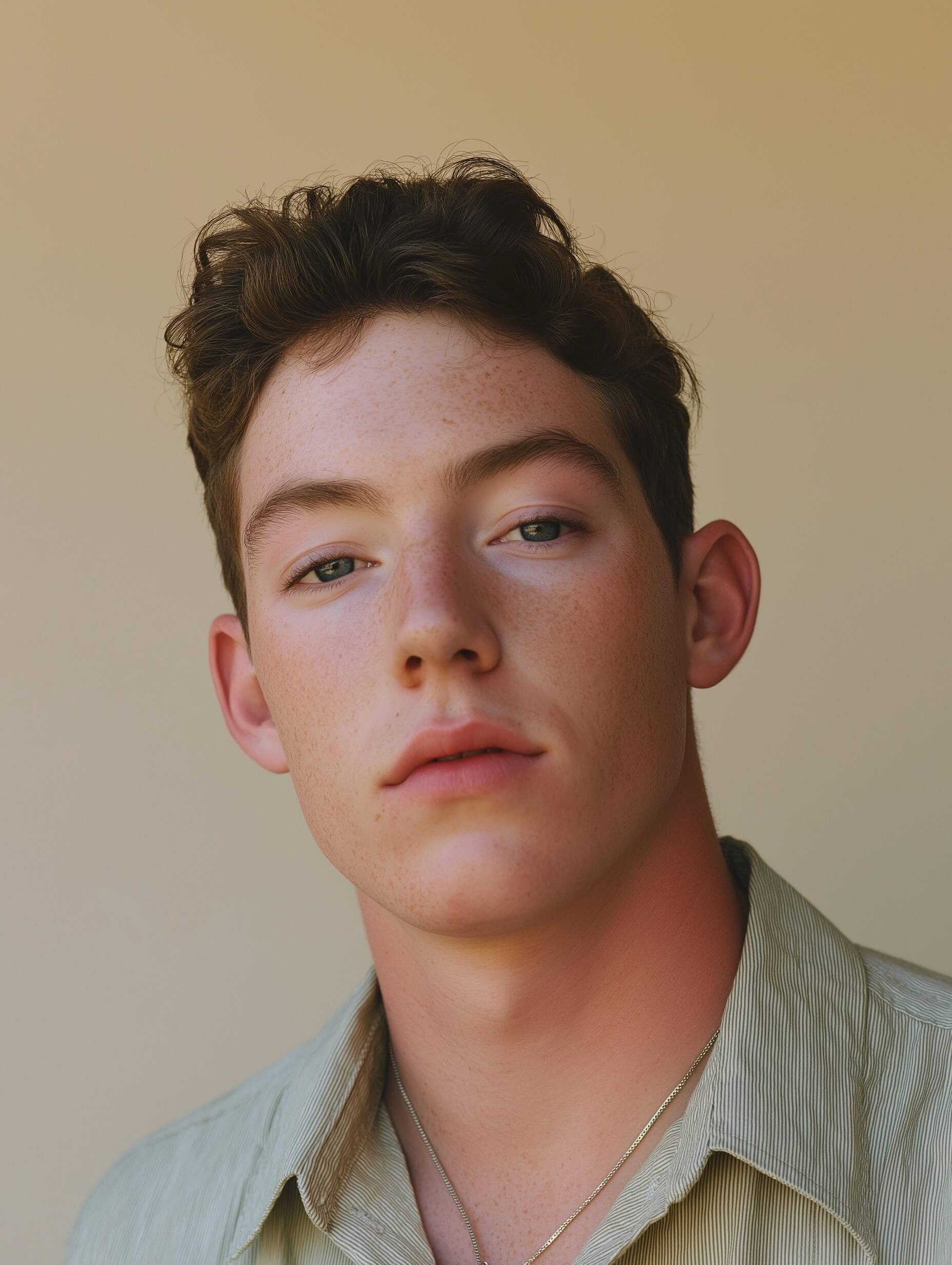 A serene young man with a calm and serious expression is styled in a light green short-sleeve button-up shirt, featuring slight tousled hair and a tasteful necklace. The earthy green tones of his clothing stand out beautifully against a warm beige backdrop, creating a minimalist and clean aesthetic. He is centered in the frame with the focus sharp on his features amid a softly blurred background, thanks to optimal studio lighting and a well-chosen 50mm or 85mm portrait lens. The choice of ISO at 100-200 and aperture around f/4-f/5.6 ensures clarity and noise-free imagery, further enhanced by subtle sharpening in post-processing. The pose is relaxed yet composed, contributing to an image that embodies simplicity and understated style.