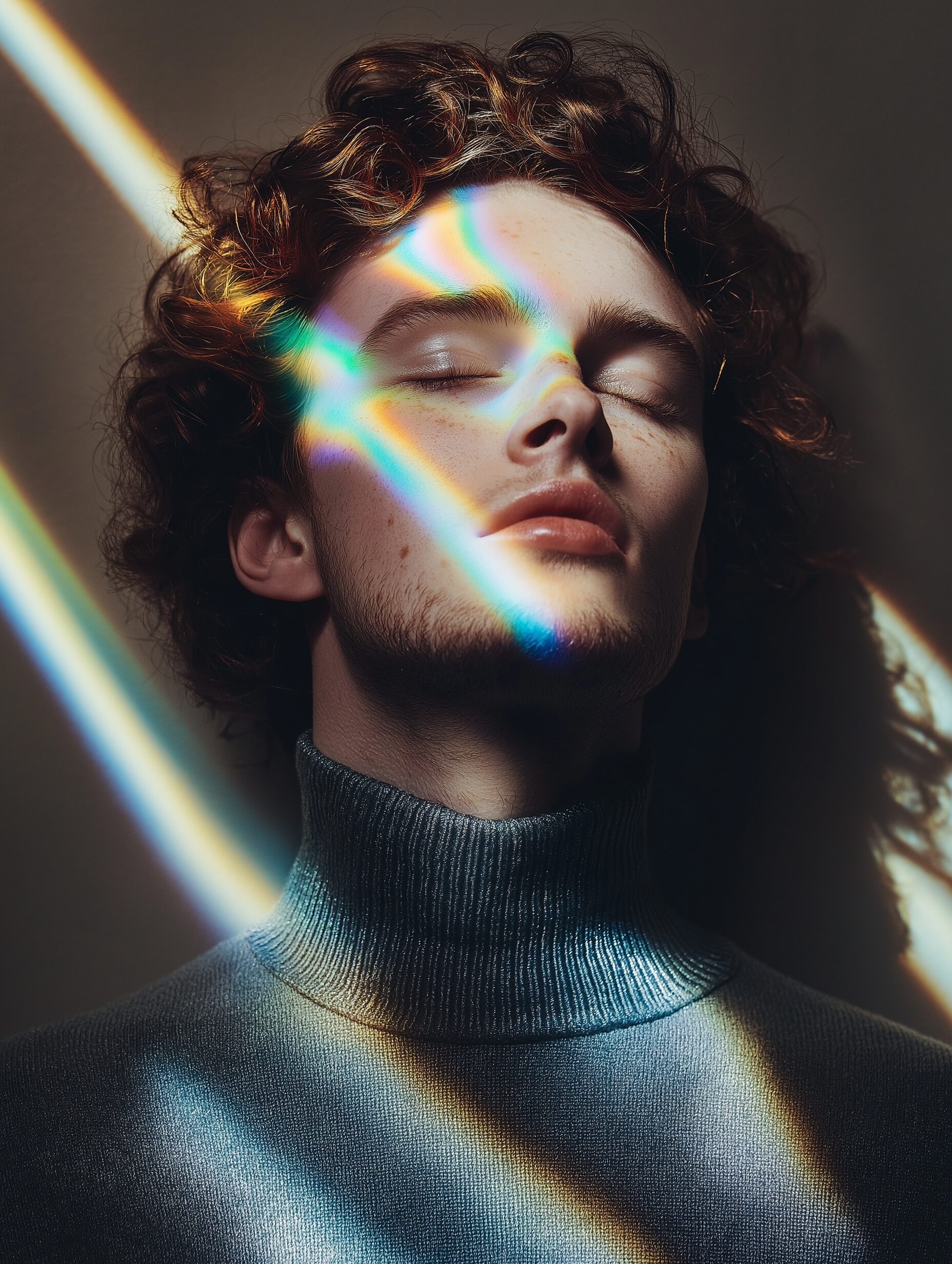 Retrato de un joven de piel pálida y cabello castaño rojizo rizado con un jersey de cuello alto gris, los ojos cerrados, disfrutando de la suave luz del sol, con sutiles rayas de arcoíris de la luz refractada que se proyecta sobre su rostro sereno y sobre la pared beige detrás de él, creando una atmósfera surrealista y tranquila. Capturada con luz natural, utilizando una apertura amplia para un fondo borroso, una velocidad de obturación moderada y una lente para retratos de primera calidad, esta composición equilibra la luz cálida con sombras suaves, haciendo que la expresión serena y la luz etérea sean el centro de atención, realzadas por un estilo minimalista y posprocesadas para lograr claridad y colores vibrantes pero sutiles.