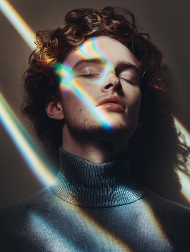 Portrait d'un jeune homme à la peau pâle et aux cheveux châtains bouclés, portant un col roulé gris, les yeux fermés, baignant dans la douce lumière du soleil, avec de subtiles traînées arc-en-ciel provenant de la lumière réfractée projetées sur son visage serein et sur le mur beige derrière lui, créant une atmosphère surréaliste et tranquille. Capturée à la lumière naturelle, en utilisant une grande ouverture pour un arrière-plan flou, une vitesse d'obturation modérée et un objectif portrait de premier ordre, cette composition équilibre la lumière chaude avec des ombres douces, faisant de l'expression sereine et de la lumière éthérée le centre d'attention, rehaussée par un style minimaliste et post-traitée pour plus de clarté et des couleurs vibrantes mais subtiles.