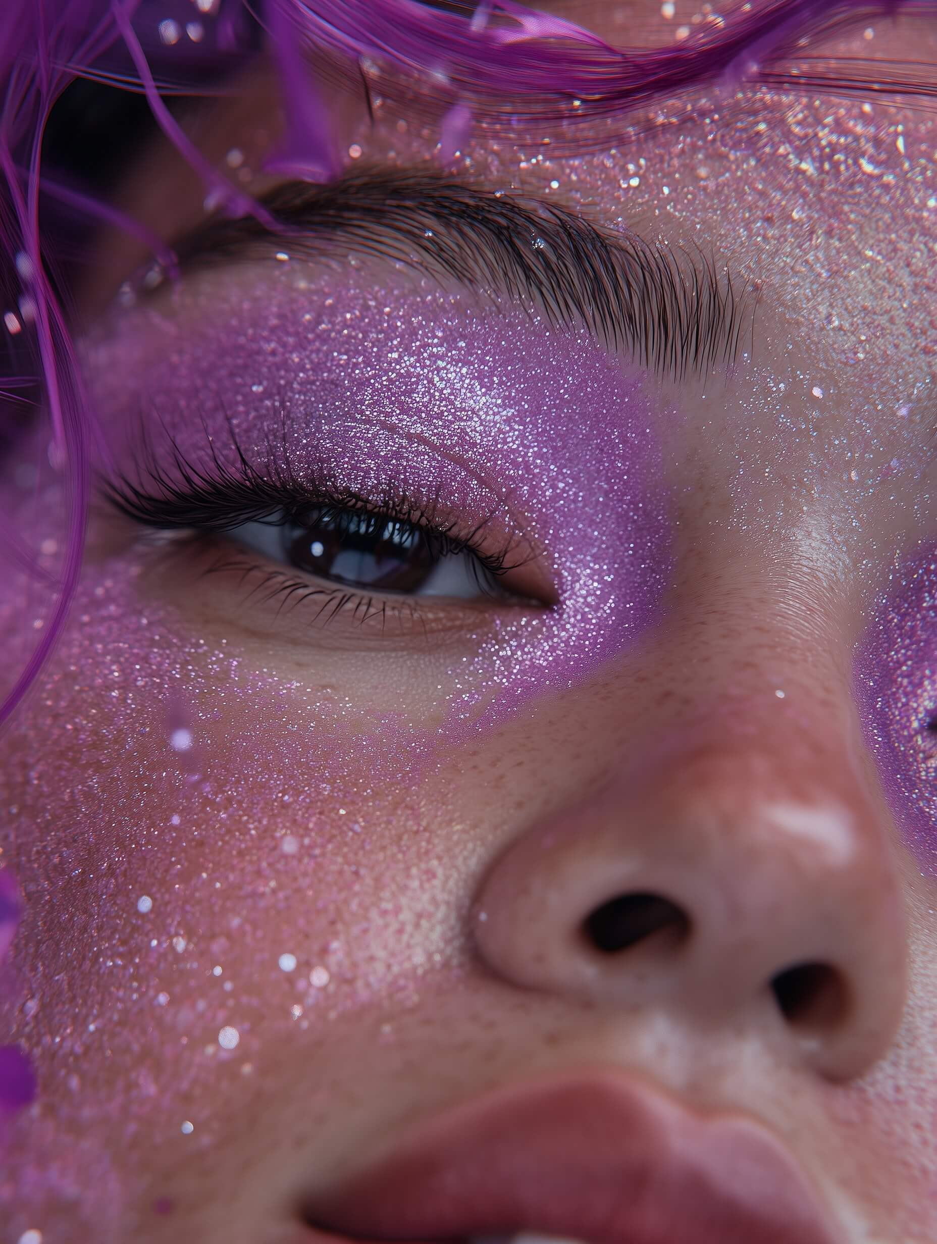 Esta cautivadora fotografía en primer plano muestra los ojos de una mujer asiática con un vibrante maquillaje violeta acentuado con brillo. La iluminación suave y difusa y la poca profundidad de campo intensifican el enfoque en sus llamativos ojos, mientras que el cuidadoso contraste de color y las mejoras de posprocesamiento enfatizan la audacia y el brillo de su look de alta costura.