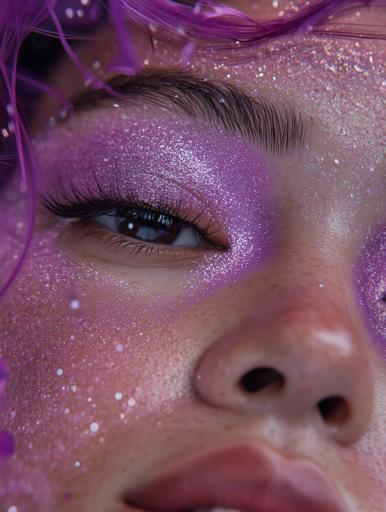 This captivating close-up photo features an Asian woman's eyes with vibrant purple makeup accented by glitter. Soft, diffused lighting and a shallow depth of field intensify focus on her striking eyes, while careful color contrast and post-processing enhancements emphasize the boldness and sparkle of her high-fashion look.