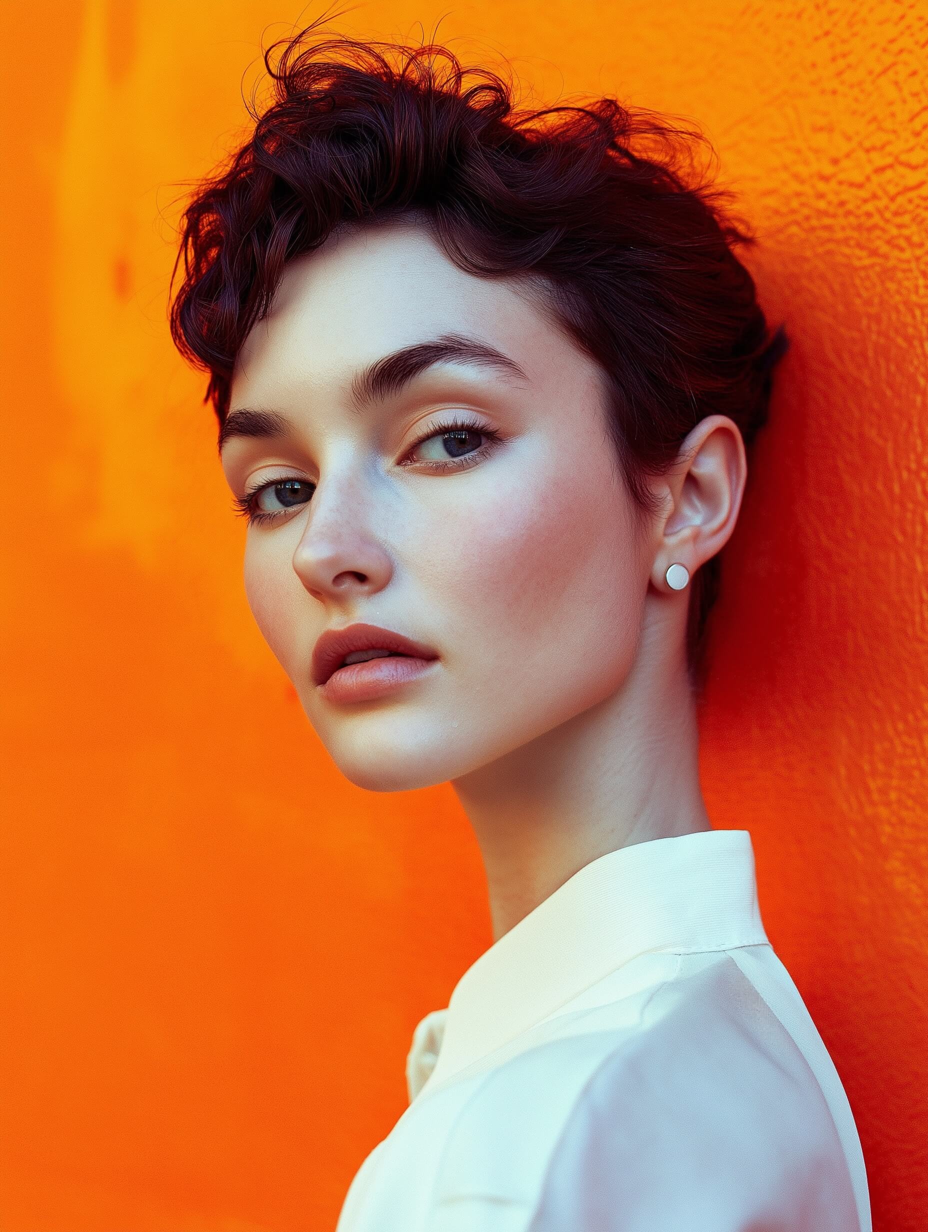 This image is a close-up portrait of a young woman with short, curly brown hair adorned with small stud earrings, set against a solid yellow background. The vibrant color contrasts her calm expression and understated makeup, giving a sleek and modern feel. She wears a simple white blouse, enhancing the minimalist vibe of the photo. The lighting is soft and even, suggesting natural sources like overcast weather or indirect sunlight. A shallow depth of field keeps her in focus while blurring the background. Shot with a 50mm or 85mm lens, the composition centers her face with a gaze directly into the camera, accented by the rule of thirds. The vivid colors and subtle post-processing amplify the portrait's striking simplicity and strong aesthetic.