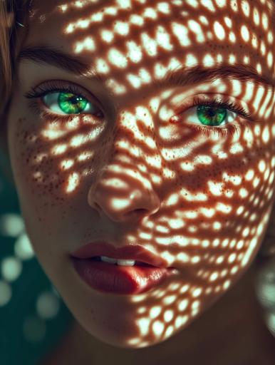 Una fotografía detallada en primer plano de una mujer joven con pecas y ojos verdes brillantes, que mira hacia arriba con una expresión tranquila y contemplativa. La iluminación crea patrones etéreos en su rostro, imitando la luz del sol filtrándose a través de las hojas o el agua, con luces y sombras que evocan una sensación onírica, casi submarina. Al usar una lente de gran apertura para desenfocar el fondo, se enfatiza su rostro, capturando el estado de ánimo surrealista. Su maquillaje natural realza sus rasgos, mientras que la paleta de colores de verdes y amarillos claros complementa la iluminación suave. El posprocesamiento mínimo mejora la claridad alrededor de los ojos e incluye una viñeta suave para llamar la atención. El cabello de la mujer está ligeramente desordenado, lo que se suma a la sensación orgánica, y su expresión, compuesta y serena, acentúa la atmósfera íntima de la imagen.