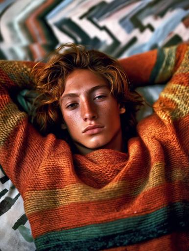 A vibrant photograph captures a young Hispanic man with short, wavy hair lying comfortably on a vividly patterned textile, his arms casually resting behind his head, creating a serene and introspective mood. He wears a textured, multi-hued sweater, its ridged design adding visual interest, while his calm, slightly serious expression intimately engages the viewer. The image is taken from above, using soft natural light that highlights his facial features and the sweater's vivid colors while softly blurring the geometric patterns of the textile beneath him. Shot with a lens likely between 50mm to 85mm, the settings emphasize a wide aperture for depth and focus on his expressively serene face, set against the rich tapestry of color and texture, making this photo both a portrait and an exploration of mood.