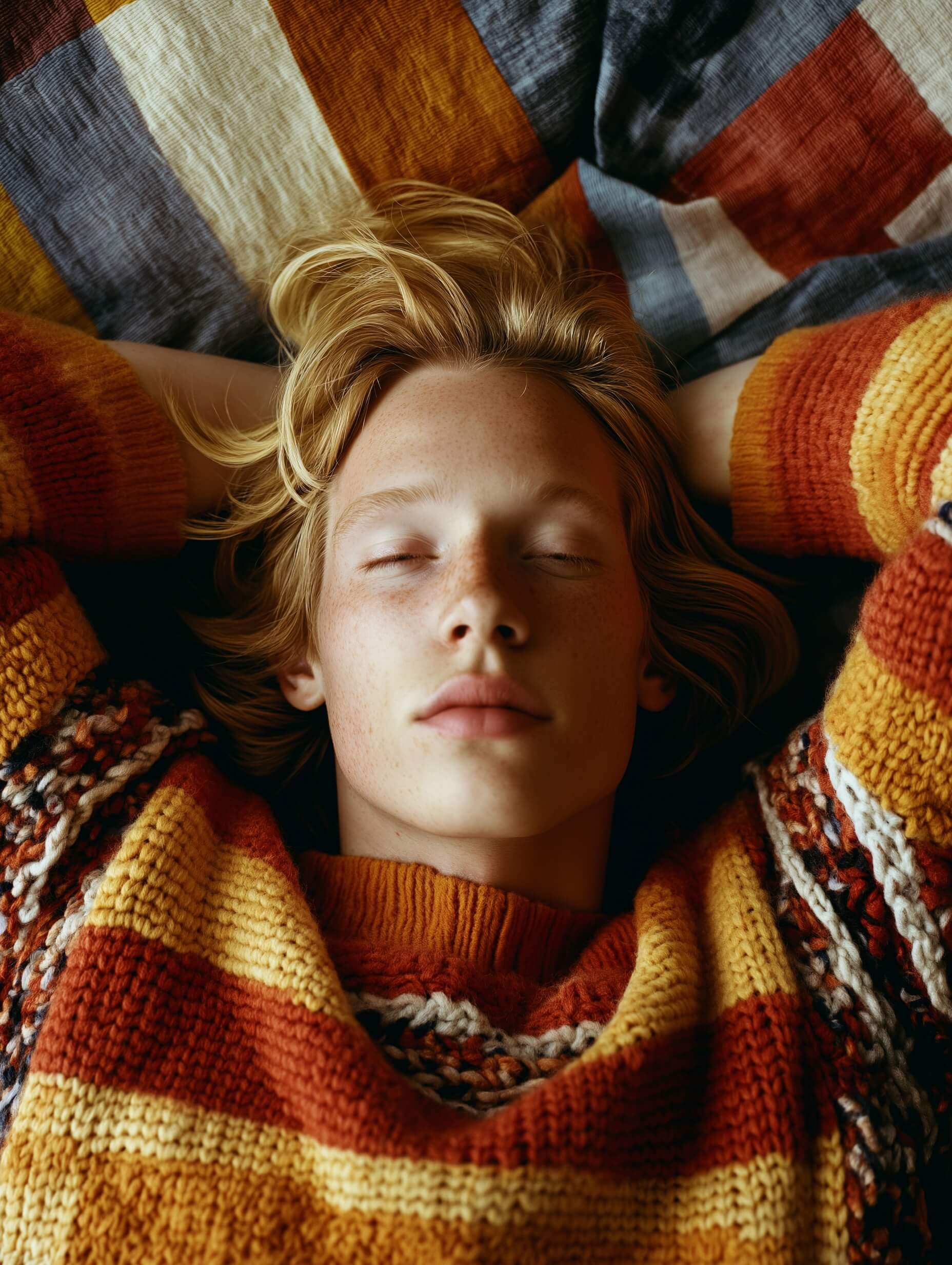 A young man, his blonde-tipped hair adding a unique accent, relaxes comfortably on a vibrant patterned textile, wearing a textured, colorful sweater that contrasts with the dynamic, geometric patterns of the backdrop. Captured from above, the scene is lit softly, likely by a nearby window, enhancing his calm, slightly serious expression as he gazes at the camera, creating a connection with the viewer. A short telephoto lens is used to maintain a natural perspective while softly blurring the quilted background, focusing sharply on the young man's face and textured sweater, providing a harmonious balance of vibrant color and serene mood.