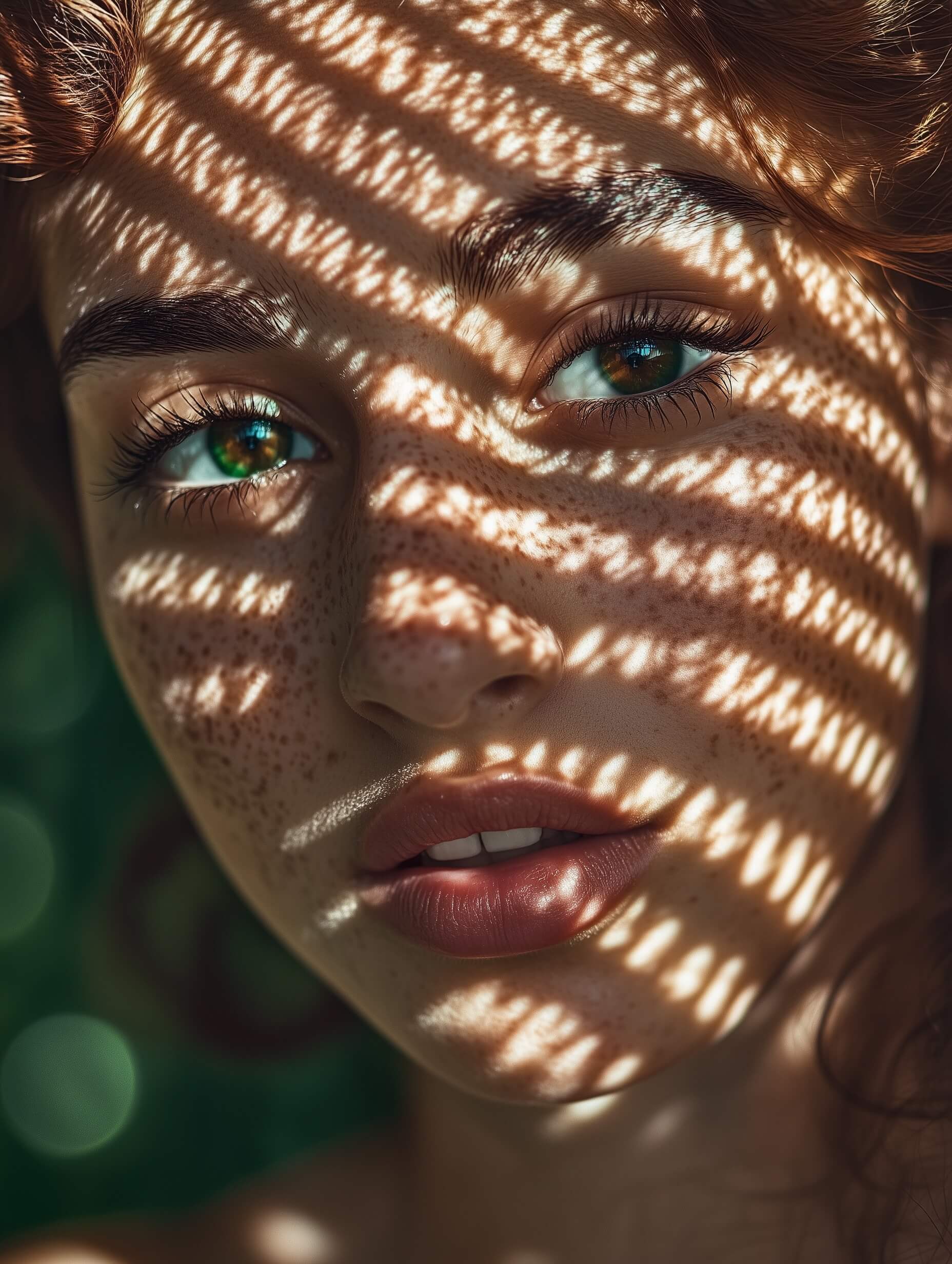 A close-up of a young Middle Eastern woman with light freckles and dark brown eyes, gazing gently upward. The light creates intricate, ethereal patterns across her face, with highlights and shadows conveying a dreamy, moonlit atmosphere. Her expression is serene yet contemplative, accentuated by dappled lighting, reminiscent of sunlight filtering through leaves or water. Shot with a wide aperture to achieve a shallow depth of field, the subject’s face stands in sharp focus, contrasting with the softly blurred background. The intimate composition is enhanced by natural earthy tones, with subtle greens and yellows imparting a cool, organic feel. Post-processing subtly enhances her eyes and freckles, adding depth and clarity. Her hair appears naturally tousled, complementing the portrait's overall calm and dreamy aesthetic.