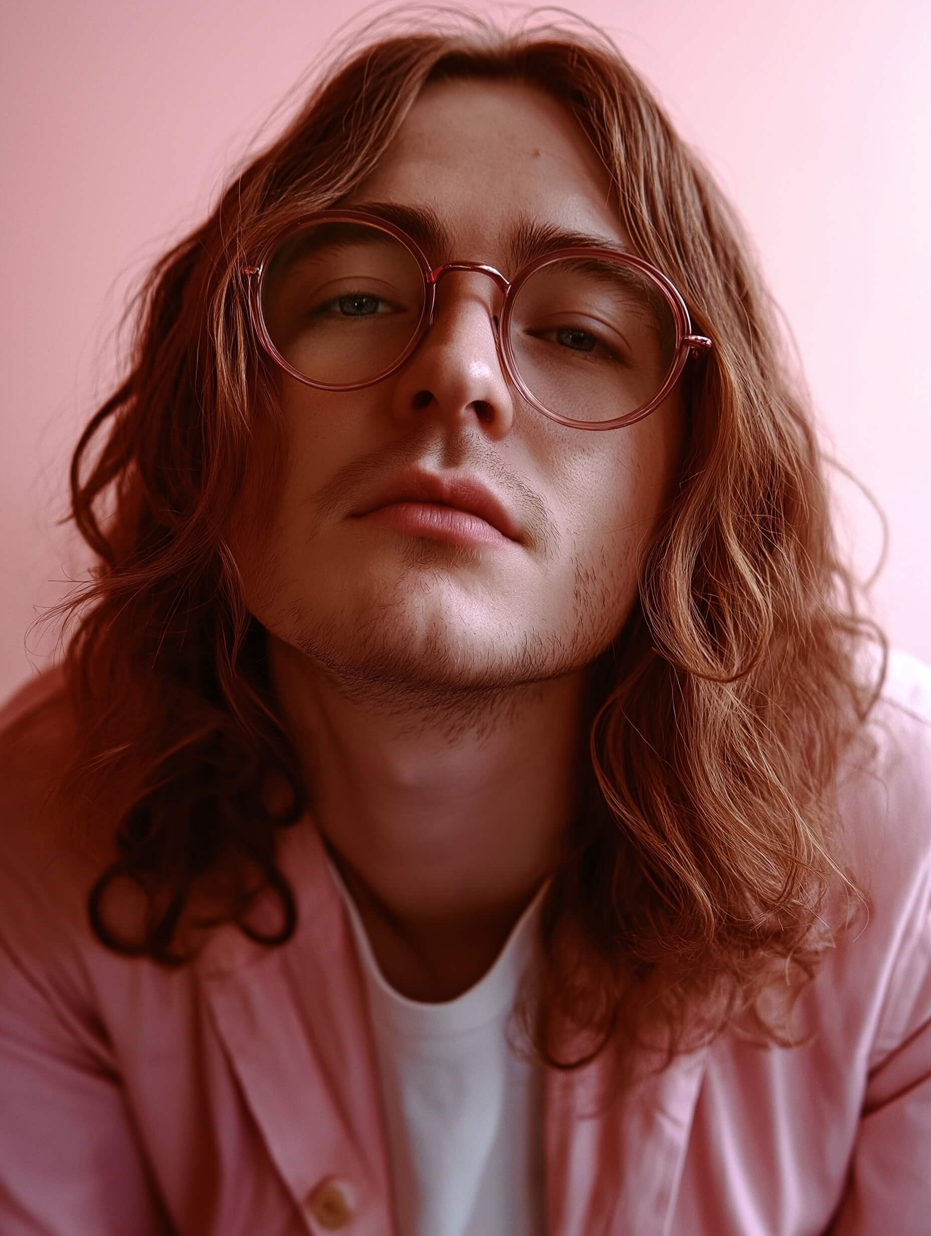 A young man with long brown hair dons thin-rimmed glasses and a soft pink jacket over a white T-shirt, gazing slightly upward. The background is a soothing, monochromatic light pink, forming a harmonious color palette. Soft and even lighting from a diffused source ensures minimal shadows, creating a serene and casual atmosphere. A shallow depth of field, moderate shutter speed, and low ISO highlight the subject against a softly blurred backdrop. A 50mm or 85mm lens captures this mid-close-up composition, emphasizing the subject’s thoughtful gaze and natural styling. The minimalist portrait's calm and harmonious vibe is achieved through gentle color grading, subtle skin retouching, and consistent pastel tones, enhancing the overall soothing aesthetic.