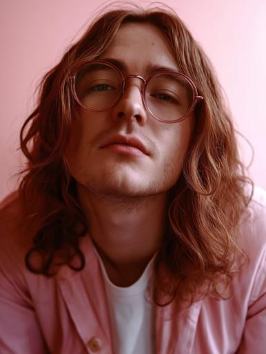 Un jeune homme aux longs cheveux bruns porte des lunettes à monture fine et une veste rose pâle sur un t-shirt blanc, le regard légèrement levé. L'arrière-plan est d'un rose clair monochrome apaisant, formant une palette de couleurs harmonieuse. Un éclairage doux et uniforme provenant d'une source diffuse assure un minimum d'ombres, créant une atmosphère sereine et décontractée. Une faible profondeur de champ, une vitesse d'obturation modérée et un ISO faible mettent en valeur le sujet sur un arrière-plan légèrement flou. Un objectif de 50 mm ou 85 mm capture cette composition en gros plan moyen, soulignant le regard pensif et le style naturel du sujet. L'ambiance calme et harmonieuse du portrait minimaliste est obtenue grâce à un étalonnage des couleurs doux, une retouche subtile de la peau et des tons pastel cohérents, renforçant l'esthétique apaisante globale.