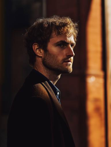 A side profile portrait of a man with wavy, slightly tousled hair stands in the warm golden hour sunlight, casting gentle shadows that enhance his facial structure and hair texture. He wears a black overcoat over a blue shirt, creating a sophisticated, minimalist look. The lighting is soft and warm, fostering a calm, contemplative mood as the relaxed man appears against a subtly blurred background. Warm earthy tones emphasize simplicity and elegance.