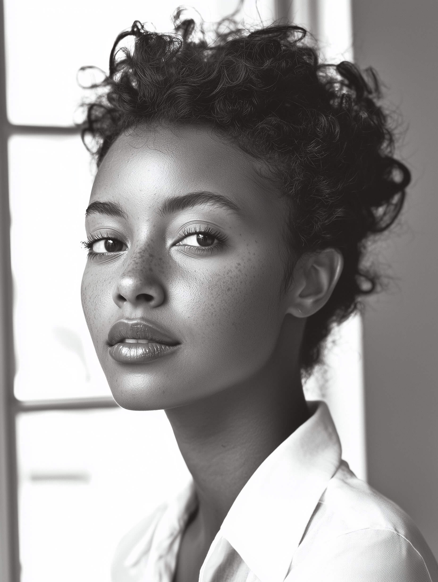 An elegant black-and-white portrait of a young African woman with short, curly hair exuding modern sophistication, features a smooth complexion with intentional blemishes for character, soft makeup with defined brows and glossy lips, and a side-directed gaze that adds intrigue; she's dressed in a crisp white collared shirt enhancing the minimalist aesthetic, captured with soft, diffused lighting and a shallow depth of field to maintain focus on her refined features while a monochrome palette accentuates texture and form, creating a timeless appeal.