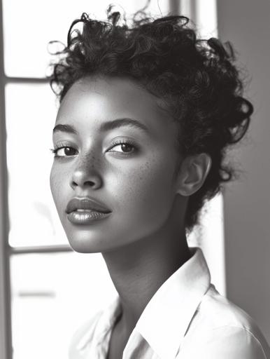 Un elegante retrato en blanco y negro de una joven africana con cabello corto y rizado que exuda sofisticación moderna, presenta una tez suave con imperfecciones intencionales para el carácter, maquillaje suave con cejas definidas y labios brillantes, y una mirada dirigida hacia un lado que agrega intriga; está vestida con una elegante camisa de cuello blanca que realza la estética minimalista, capturada con una iluminación suave y difusa y una profundidad de campo reducida para mantener el enfoque en sus rasgos refinados, mientras que una paleta monocromática acentúa la textura y la forma, creando un atractivo atemporal.