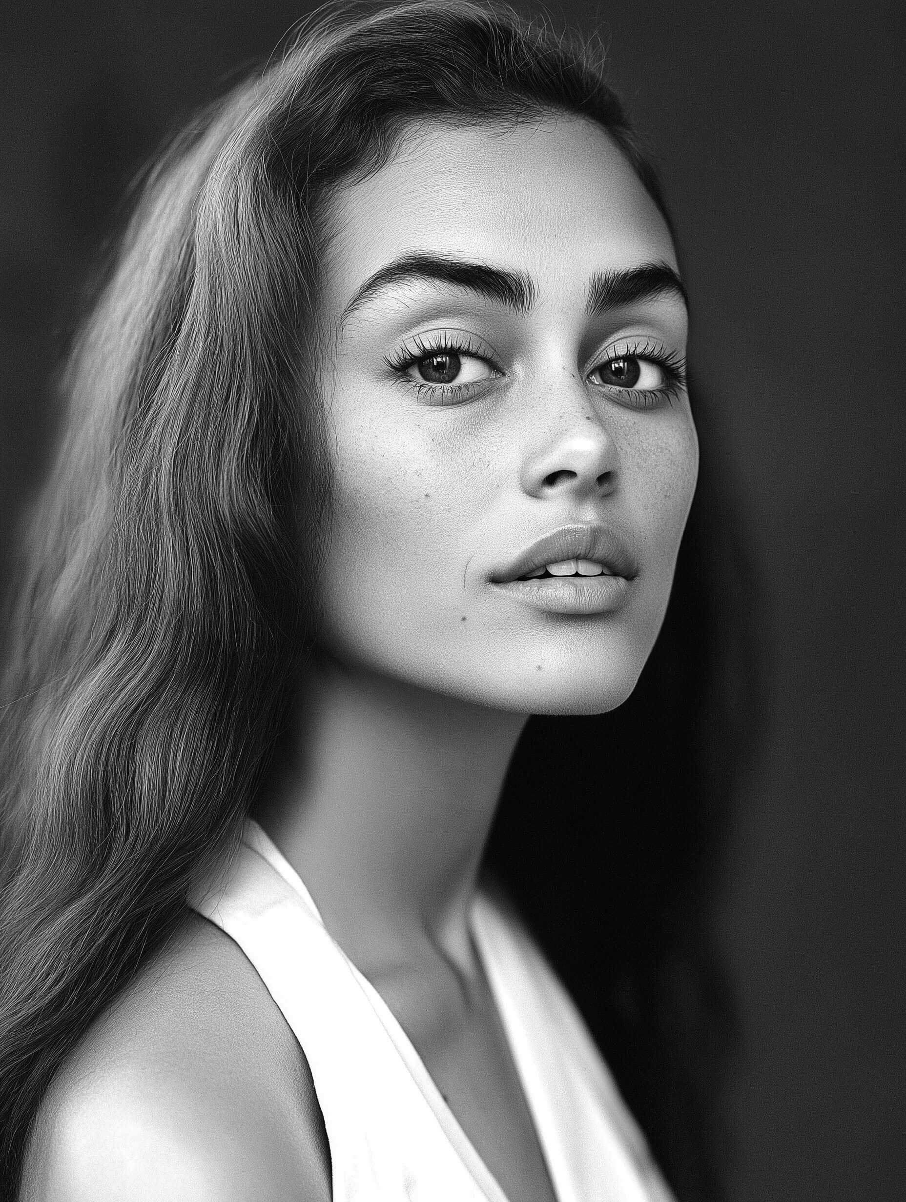 Discover a stunning black-and-white portrait of a young woman with long hair styled down, olive skin with natural blemishes, and soft makeup. Her side gaze adds intrigue, dressed in a white blouse for a minimalist aesthetic. Soft, diffused lighting and a monochrome palette highlight texture and form, utilizing rule of thirds and tight crop for an elegant, modern look.