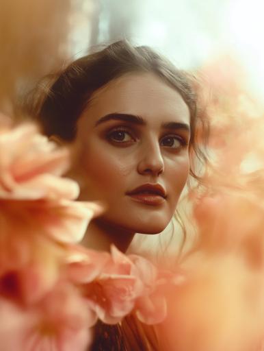 Captura un retrato de ensueño de una mujer con cabello suelto y rizado que sostiene flores de color rosa brillante. La luz suave y natural se filtra a través del follaje, creando una escena luminosa y etérea con tonos cálidos de rosa y melocotón. El rostro de la modelo está suavemente iluminado, sobre un fondo artístico y desenfocado. La composición sigue la regla de los tercios, resaltando la belleza natural y la fantasía.